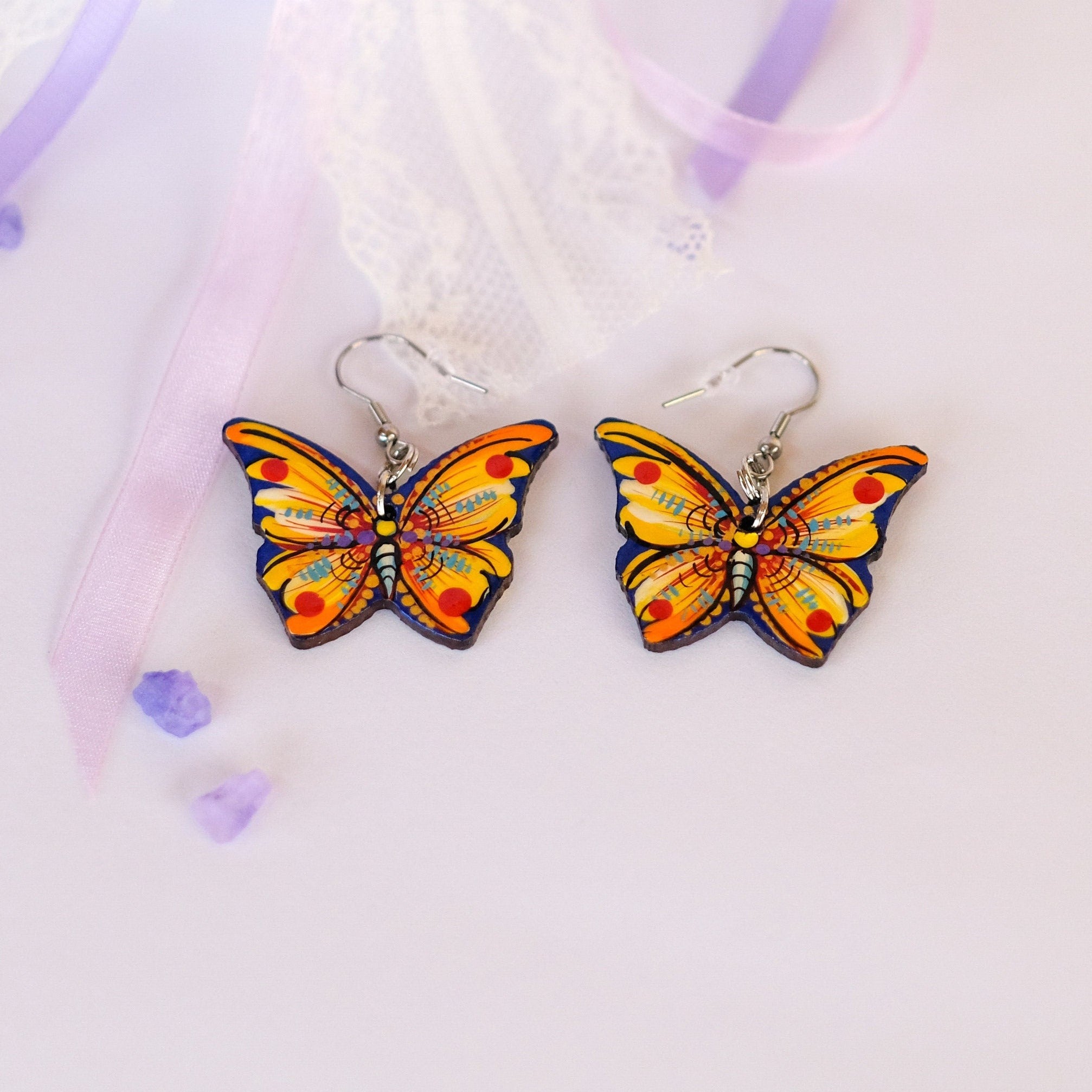 Hypoallergenic Painted Wooden Butterfly Earrings - Artisanal Dangle Drop Orange Statement Earrings