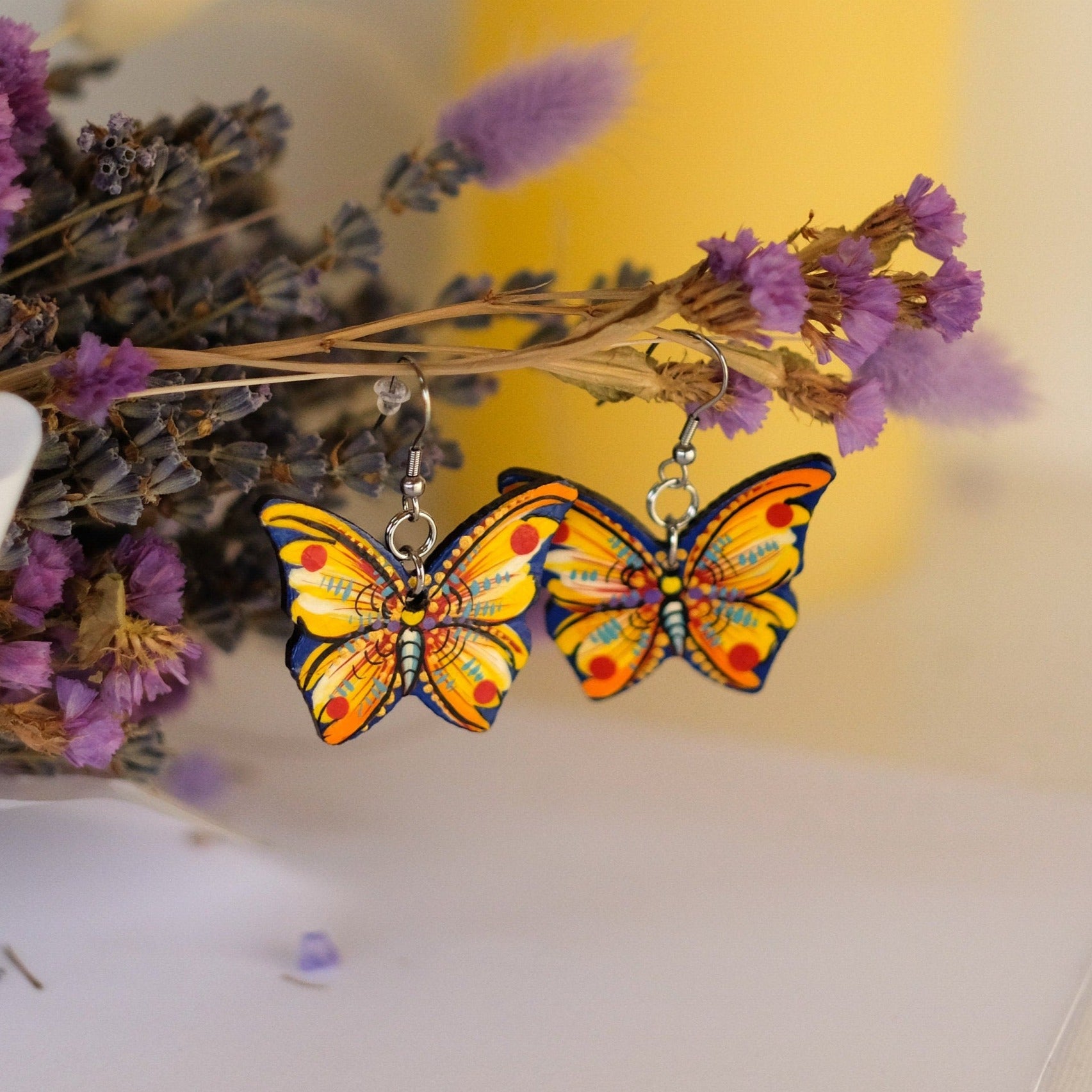 Hypoallergenic Painted Wooden Butterfly Earrings - Artisanal Dangle Drop Orange Statement Earrings