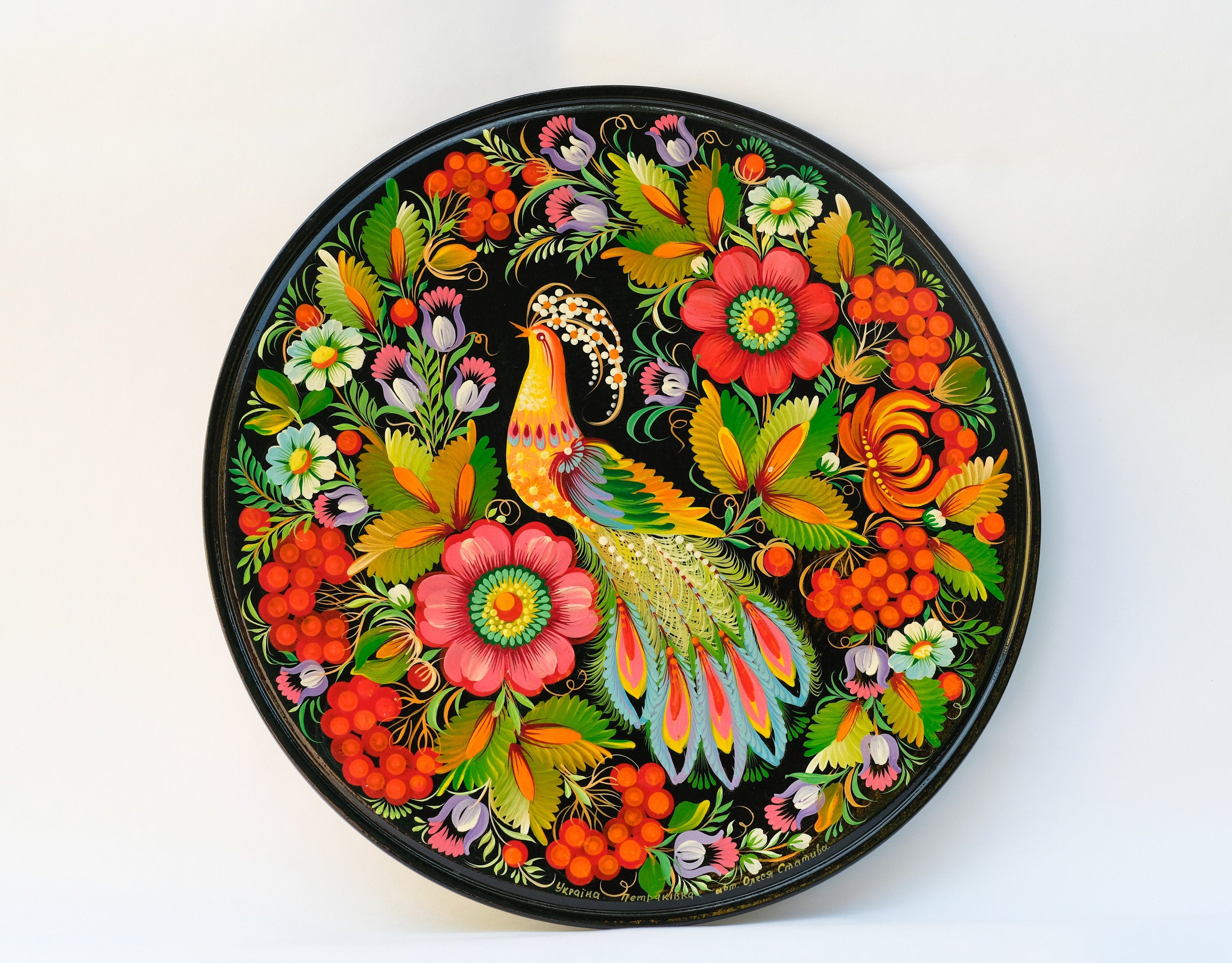 Decorative wooden plate 11.8 in, Hand-painted Ukrainian wall plate, Fairy bird plate painted with Petrykivka painting, Ukraine folk plate