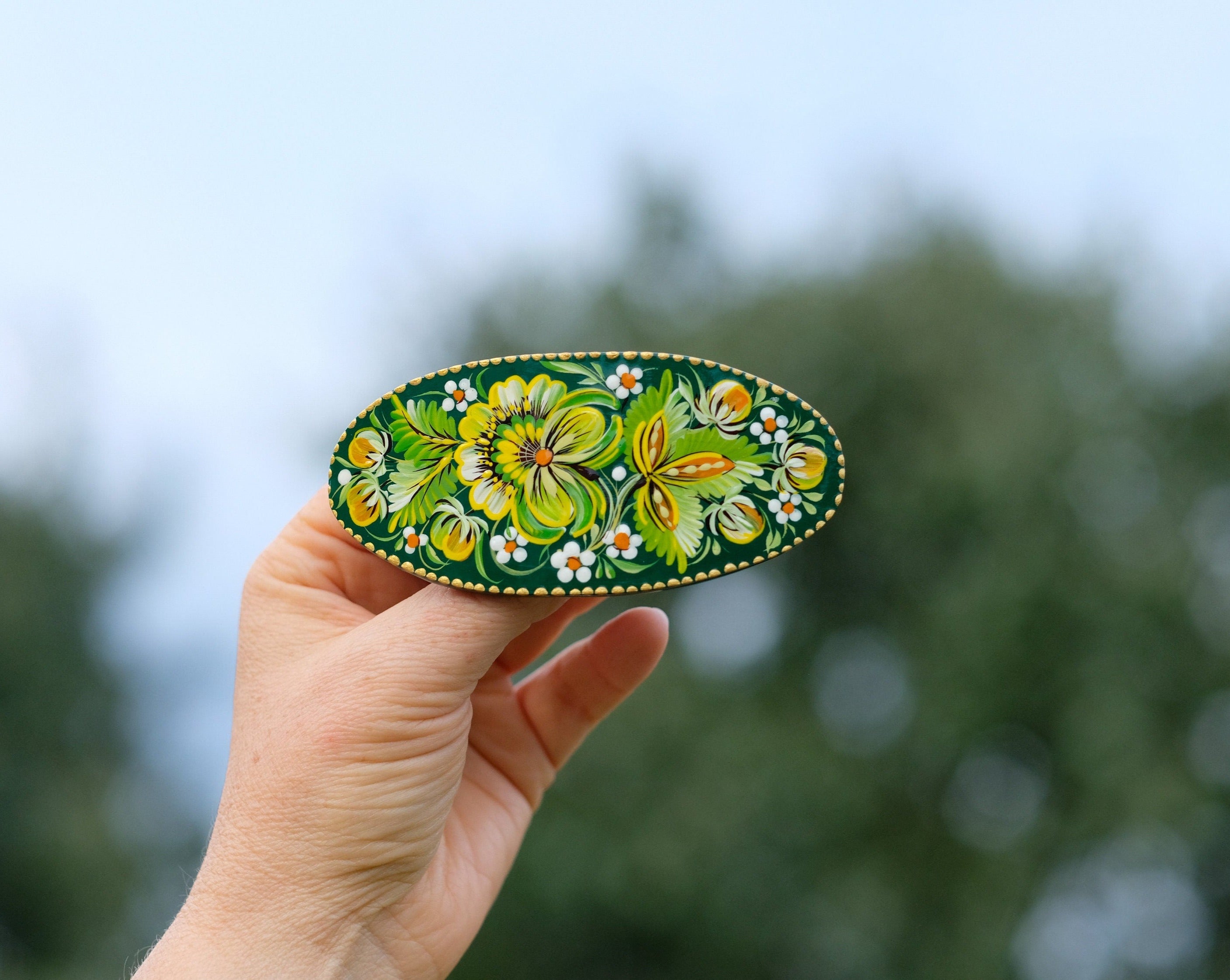 Painted Wooden Green Flower Hair Barrette - Handmade Artisanal Petrykivka Art French Hair Clip