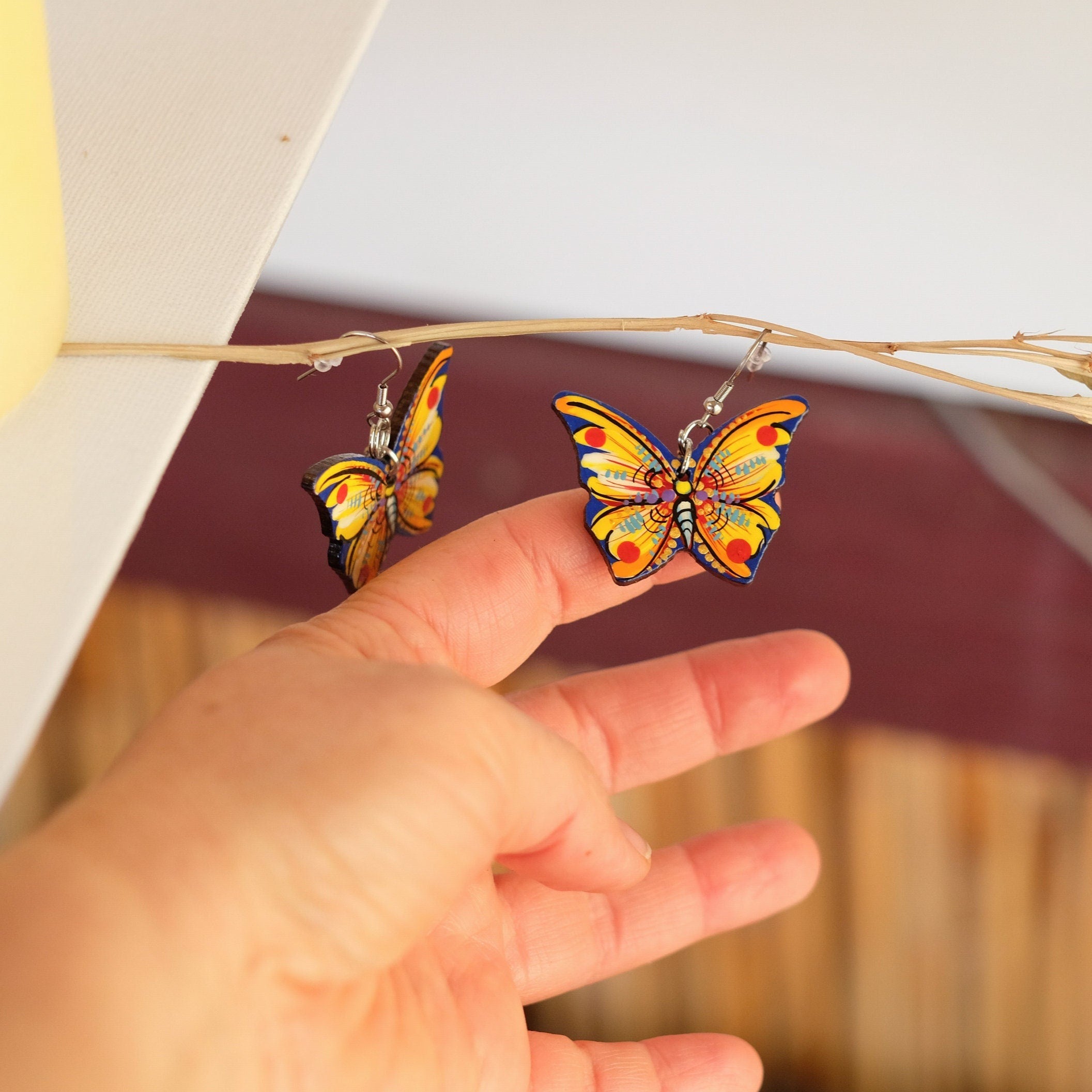 Hypoallergenic Painted Wooden Butterfly Earrings - Artisanal Dangle Drop Orange Statement Earrings