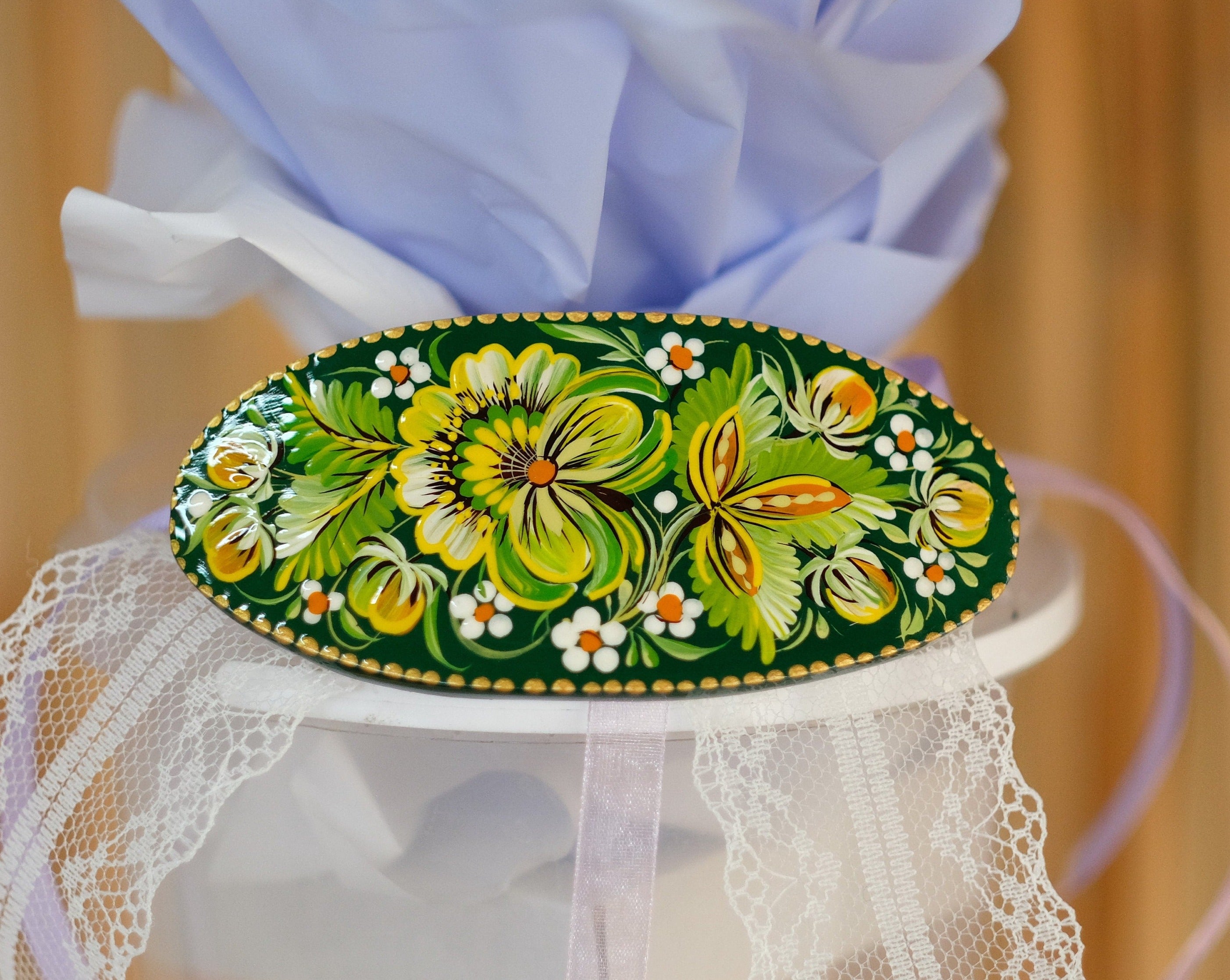 Painted Wooden Green Flower Hair Barrette - Handmade Artisanal Petrykivka Art French Hair Clip