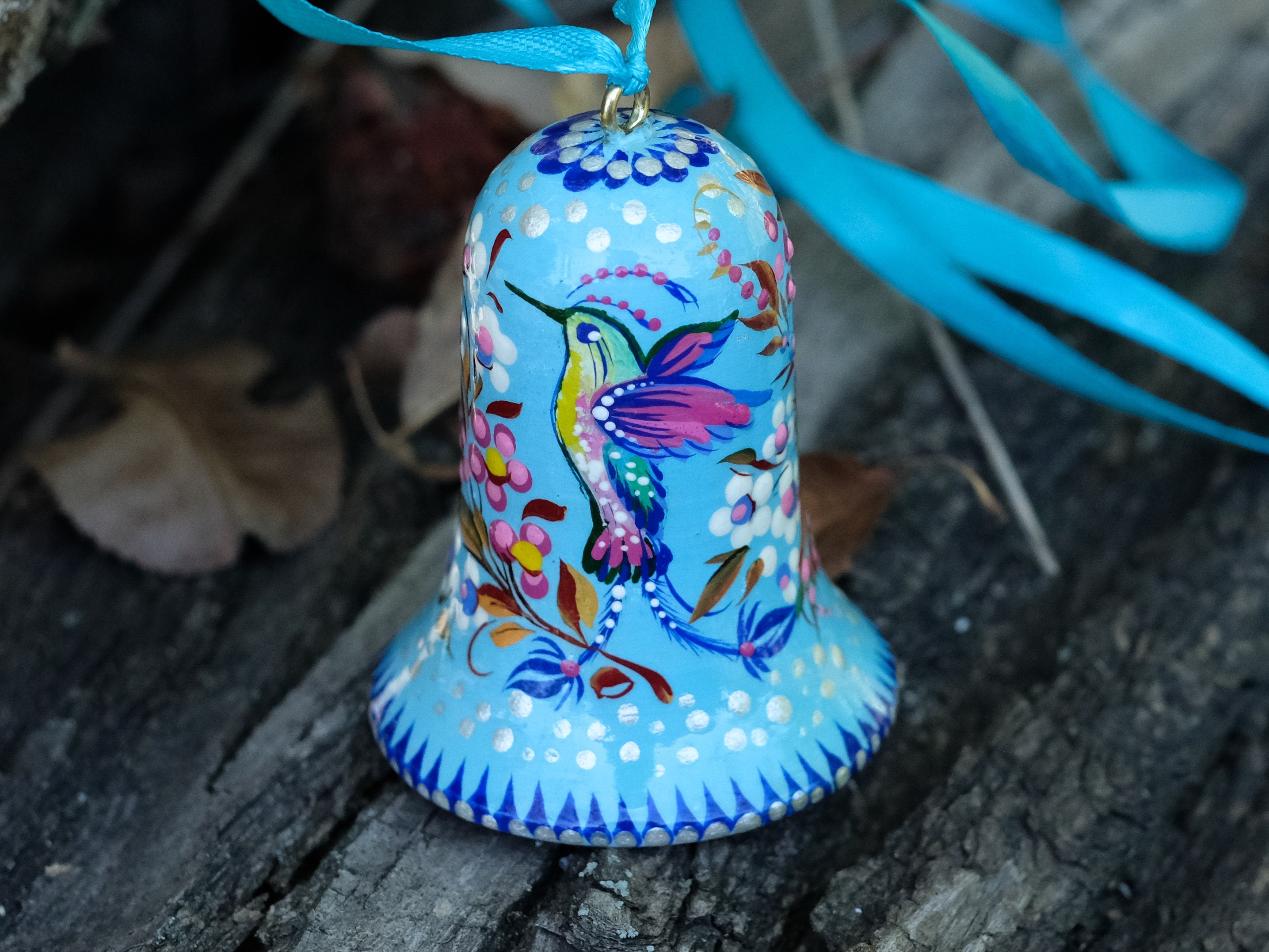 Painted Wooden Hummingbird Christmas Bell Ornament - Handmade Blue Bird Christmas Tree Decorations, Petrykivka Art