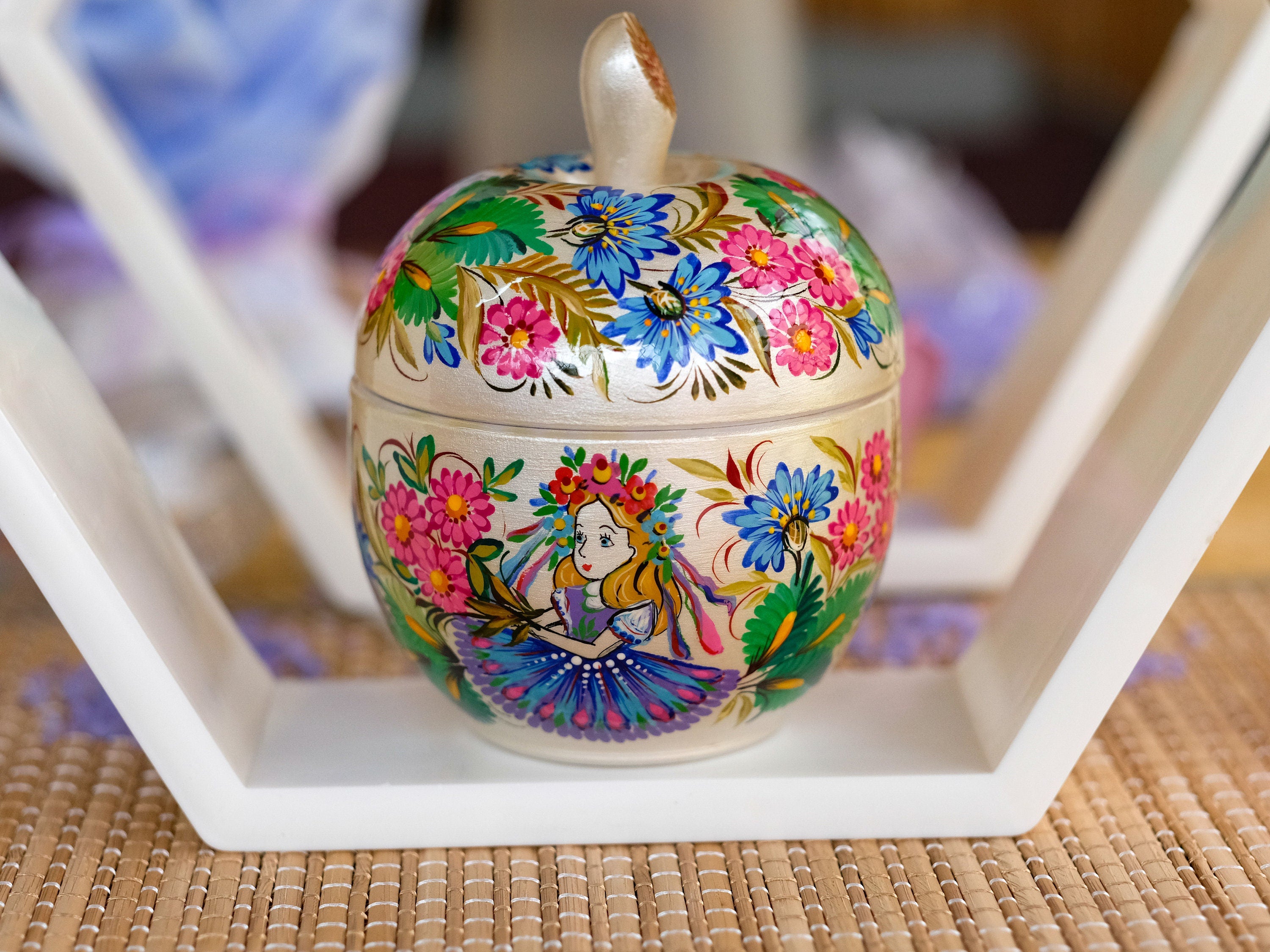 Wooden Jewelry Box Painted with Ukrainian Folk Art  4.7 in - Apple Shaped Woodworking Jewelry Box, Petrykivka Folk Art