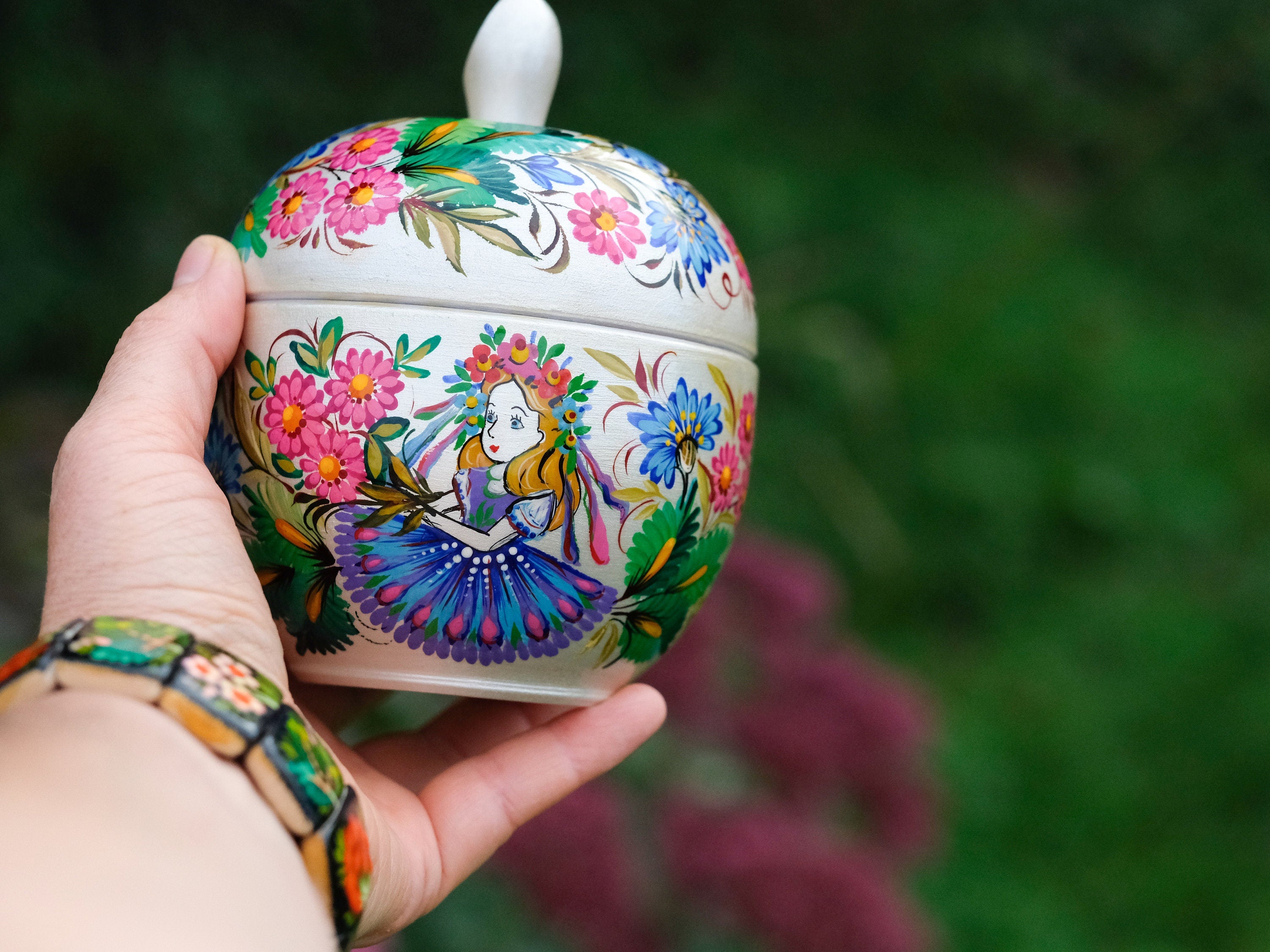 Wooden Jewelry Box Painted with Ukrainian Folk Art  4.7 in - Apple Shaped Woodworking Jewelry Box, Petrykivka Folk Art