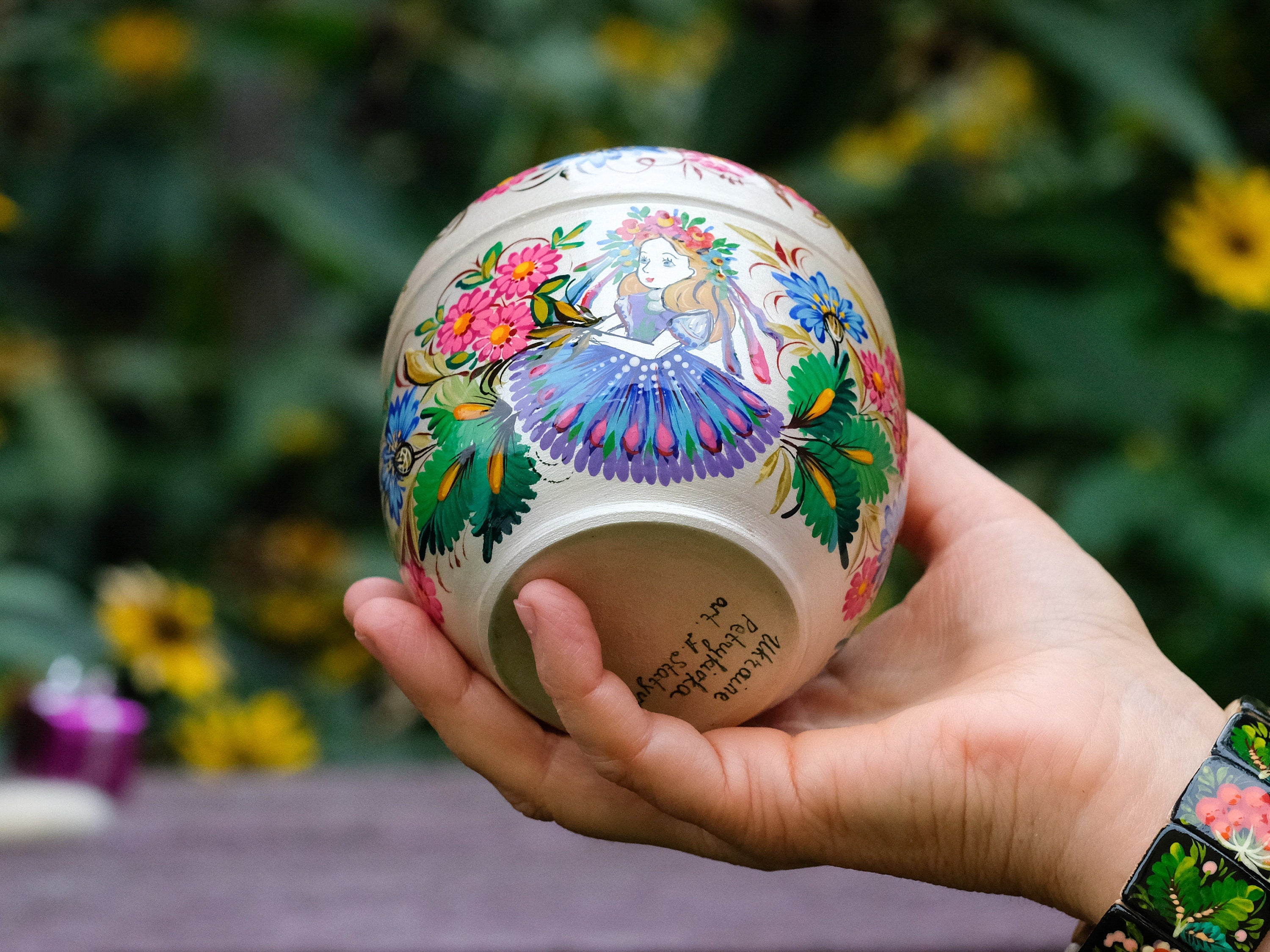 Wooden Jewelry Box Painted with Ukrainian Folk Art  4.7 in - Apple Shaped Woodworking Jewelry Box, Petrykivka Folk Art