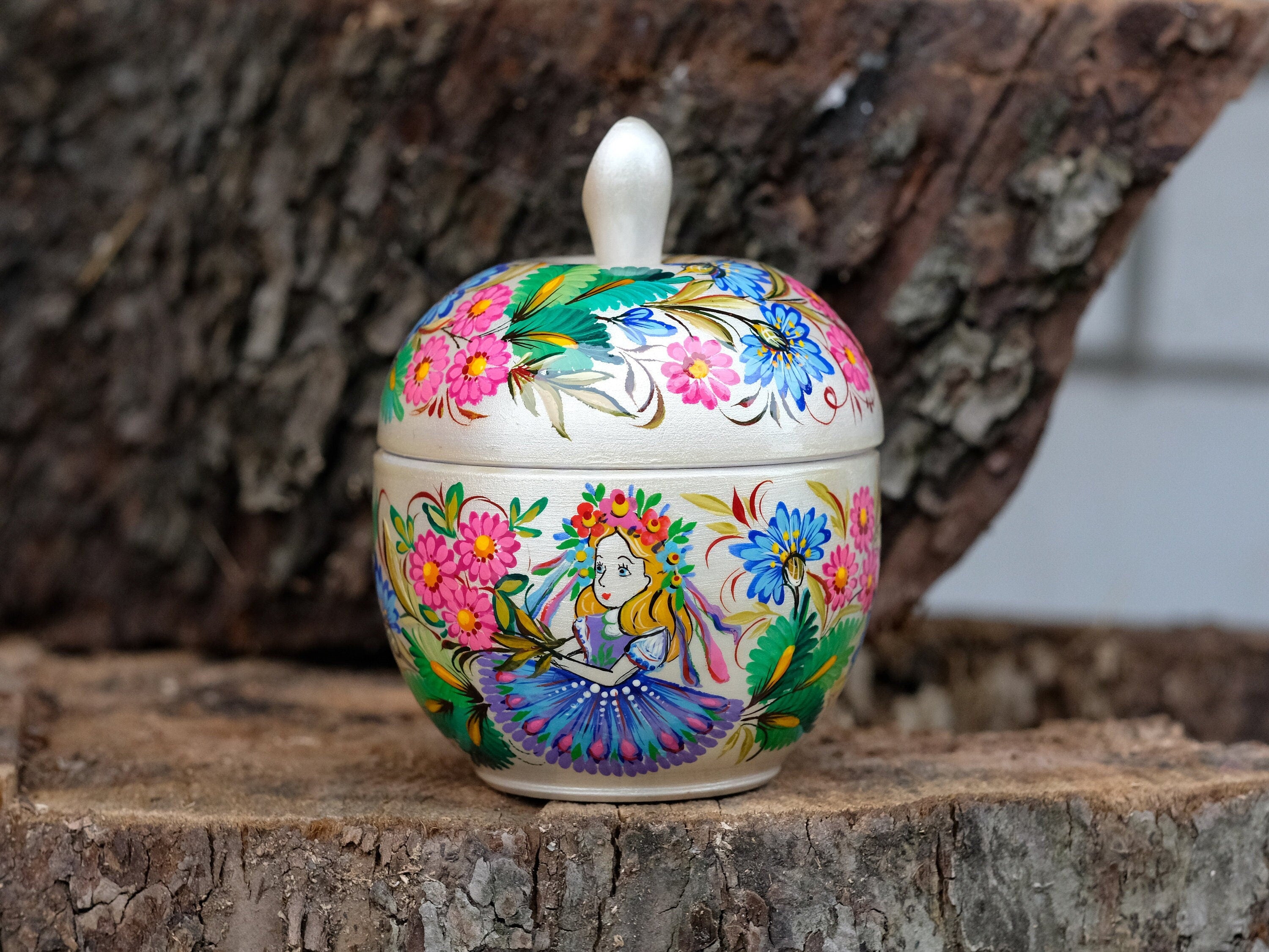 Wooden Jewelry Box Painted with Ukrainian Folk Art  4.7 in - Apple Shaped Woodworking Jewelry Box, Petrykivka Folk Art