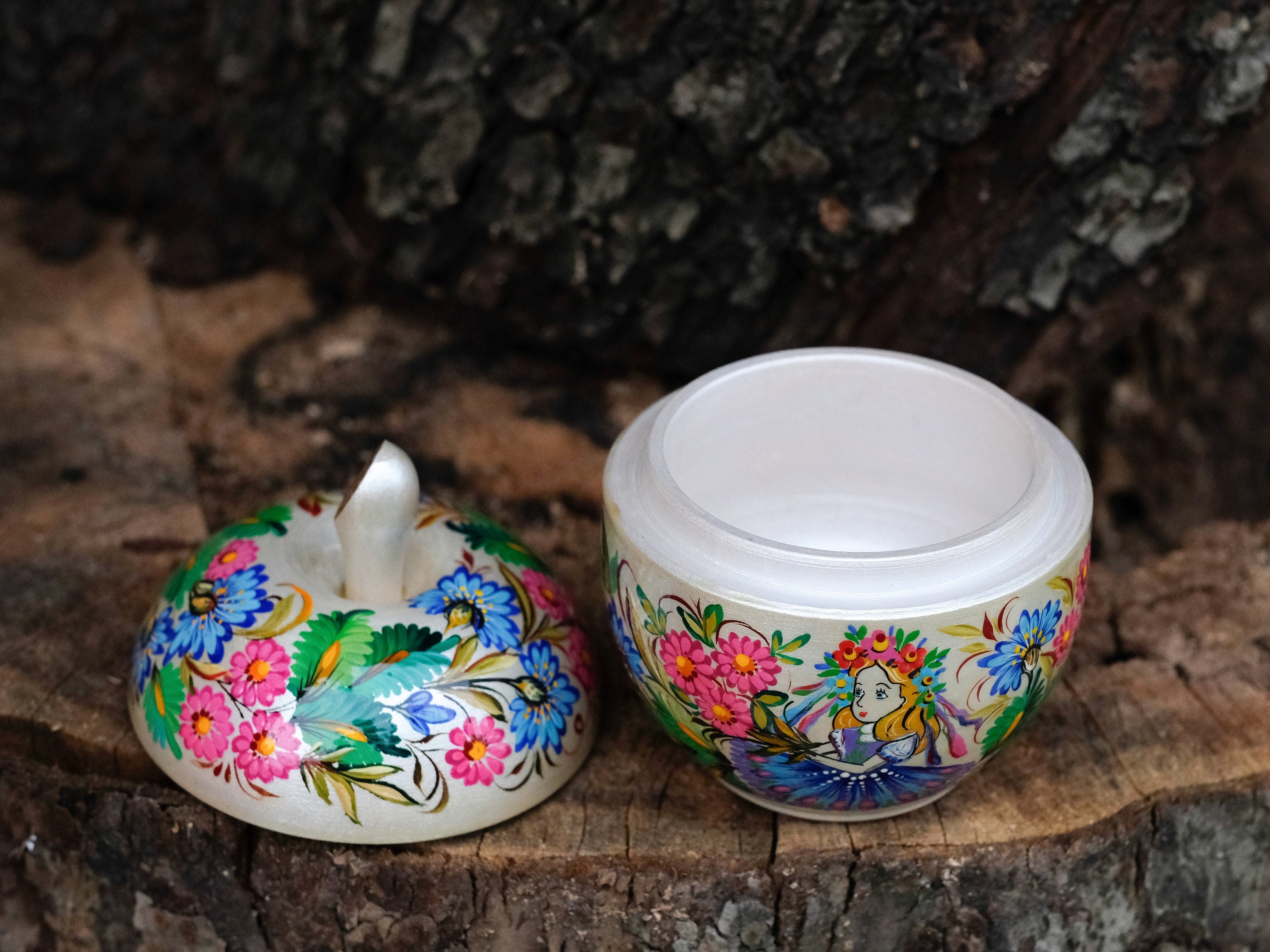 Wooden Jewelry Box Painted with Ukrainian Folk Art  4.7 in - Apple Shaped Woodworking Jewelry Box, Petrykivka Folk Art