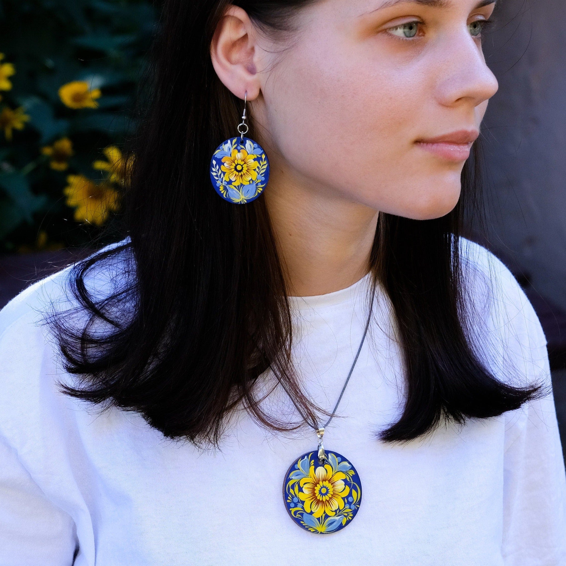 Lightweight Painted Wooden Pendant Necklace -  Blue and Yellow Ukrainian Artisanal Large Circle Statement Necklace