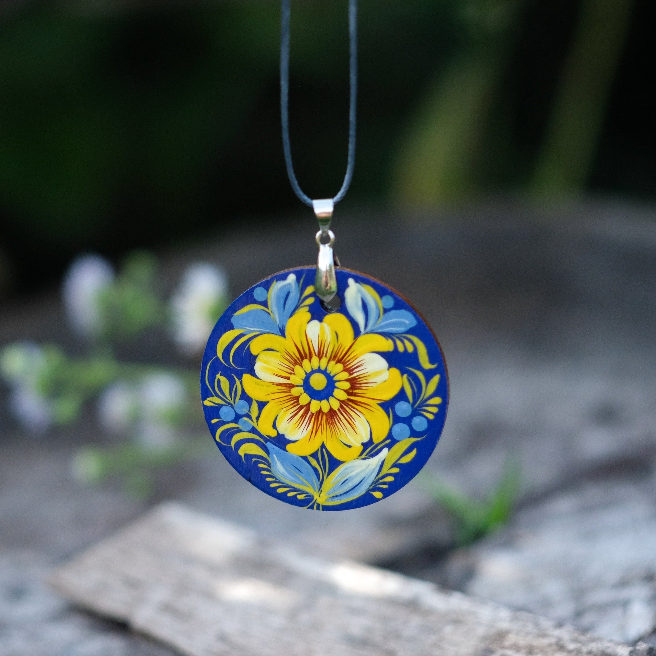 Lightweight Painted Wooden Pendant Necklace -  Blue and Yellow Ukrainian Artisanal Large Circle Statement Necklace