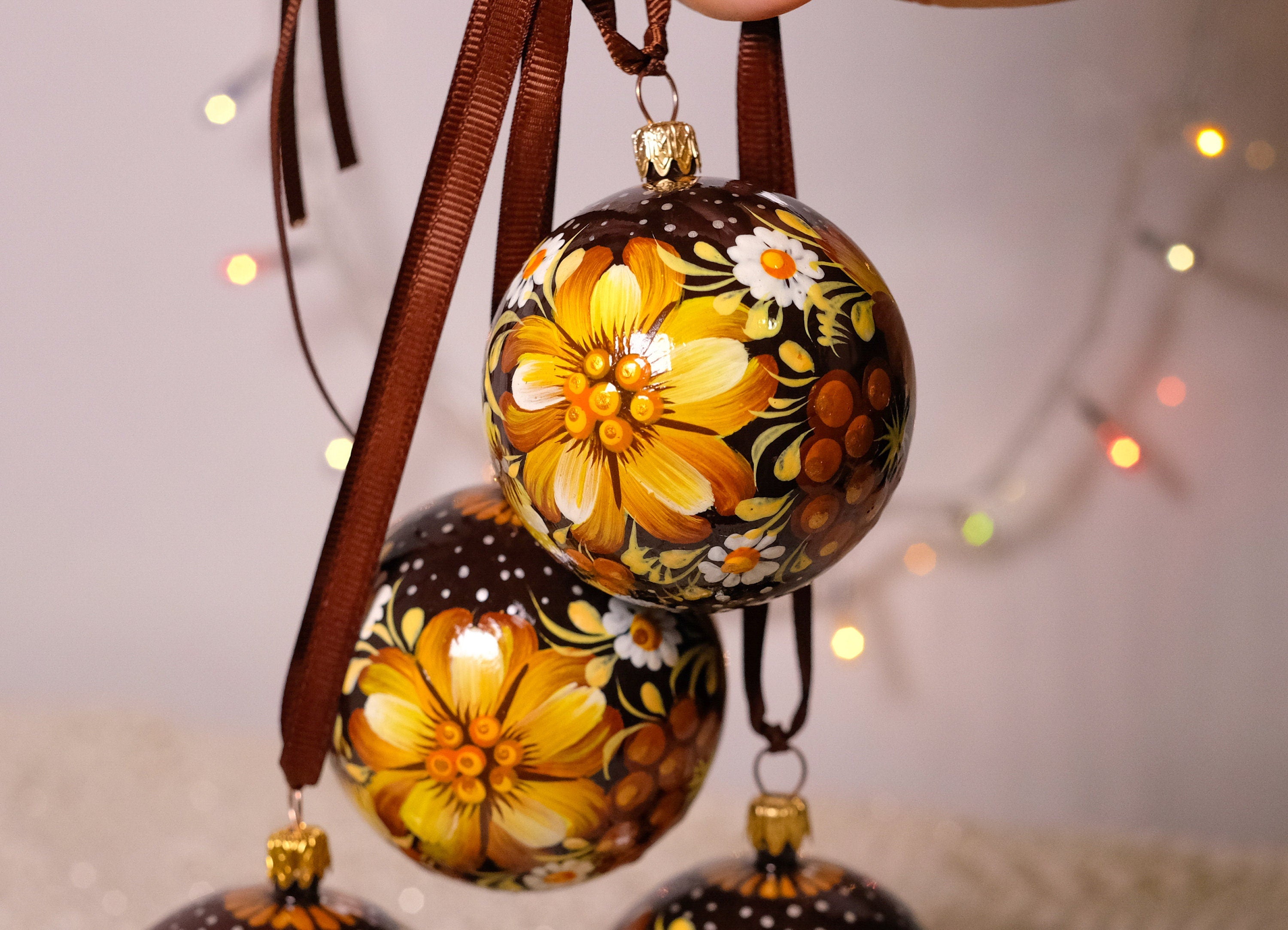 Hand-painted Set of 4 Ukrainian Christmas Ball Ornaments 2.4 in - Orange Flower Christmas Tree Decorations, Petrykivka Art