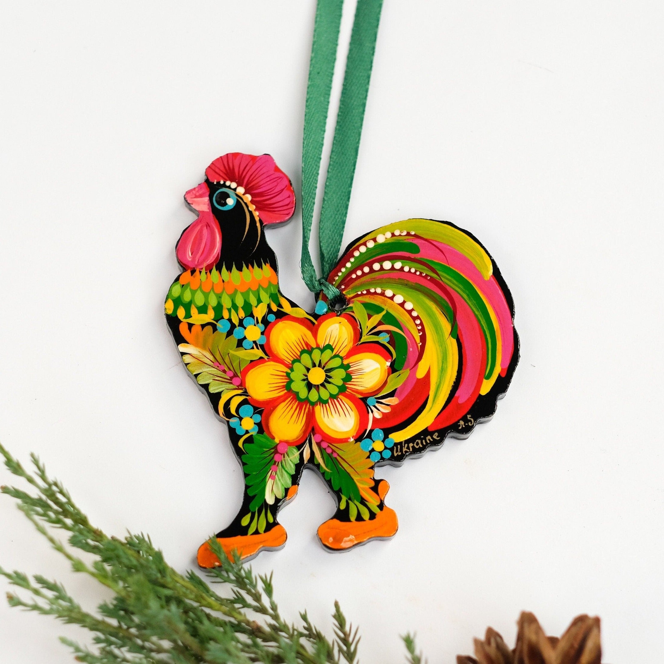 Handmade Wooden Rooster Christmas ornament - Painted Sunflower Chtistmas Tree Decoration, Petrykivka Art