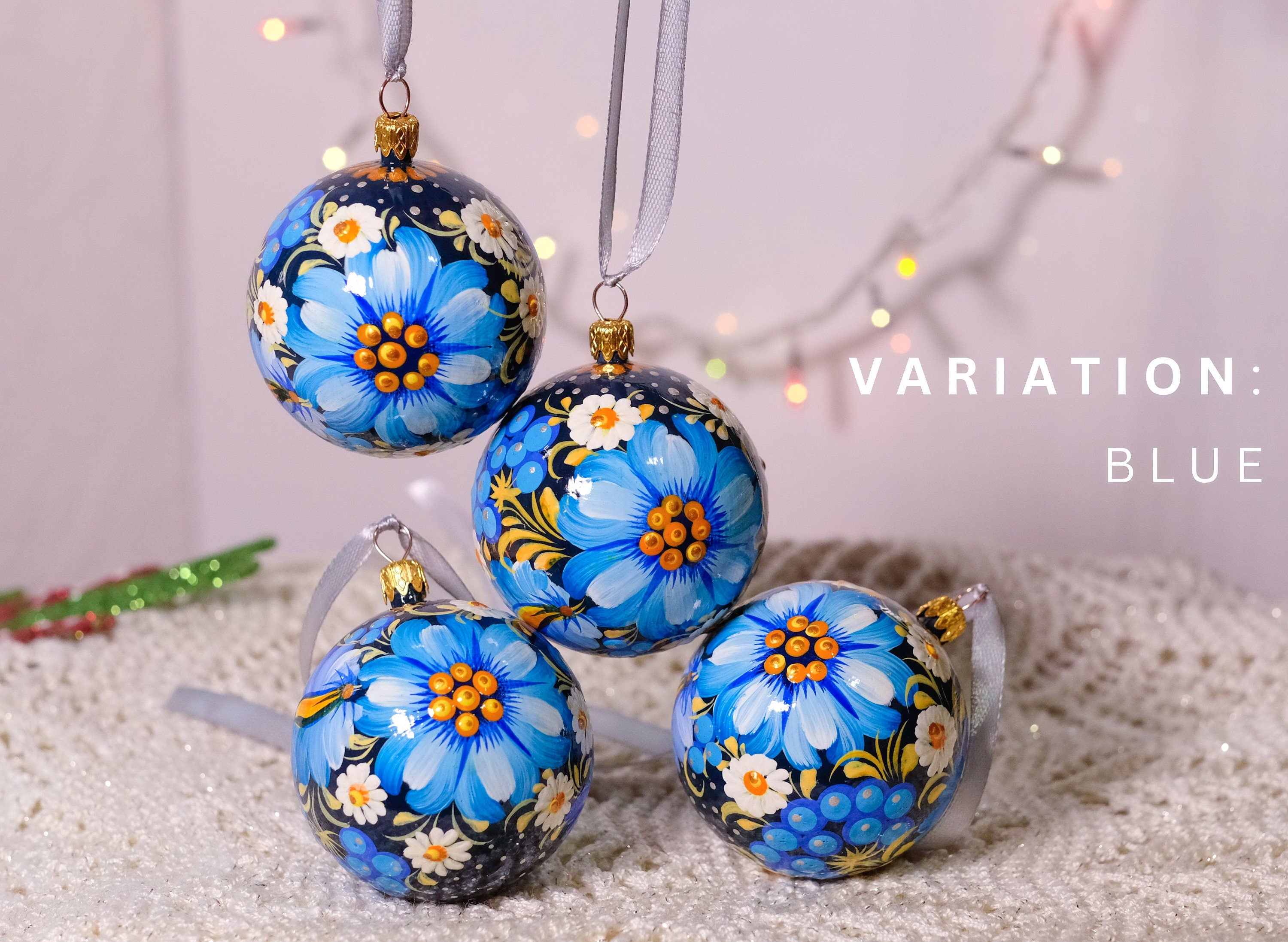 Hand-painted Set of 4 Ukrainian Christmas Ball Ornaments 2.4 in - Orange Flower Christmas Tree Decorations, Petrykivka Art