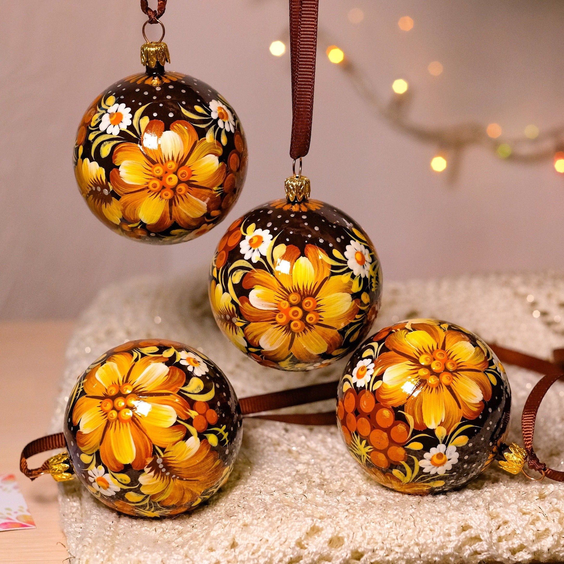 Hand-painted Set of 4 Ukrainian Christmas Ball Ornaments 2.4 in - Orange Flower Christmas Tree Decorations, Petrykivka Art