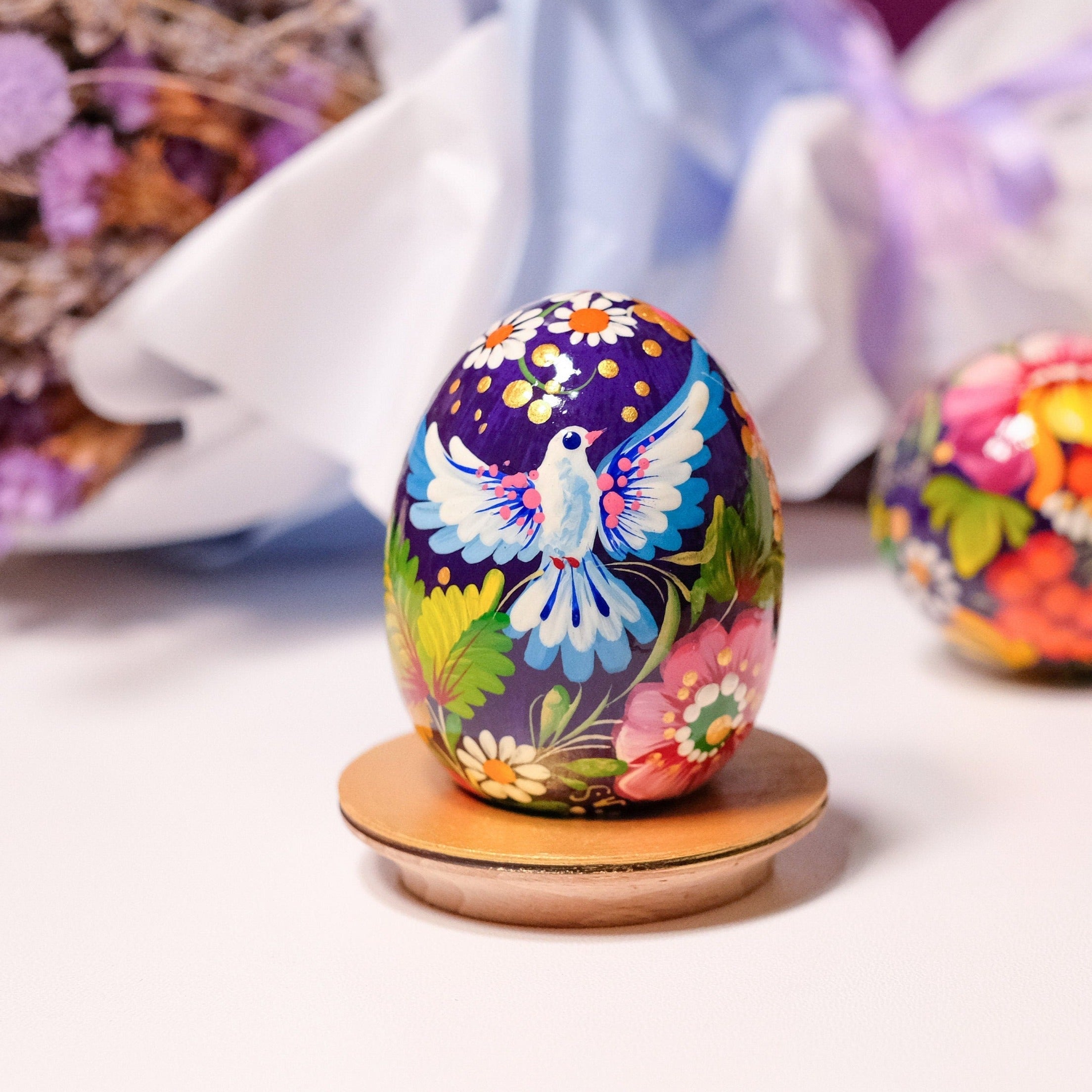 Wooden Easter Egg Hand-painted with Ukrainian Petrykivka Art