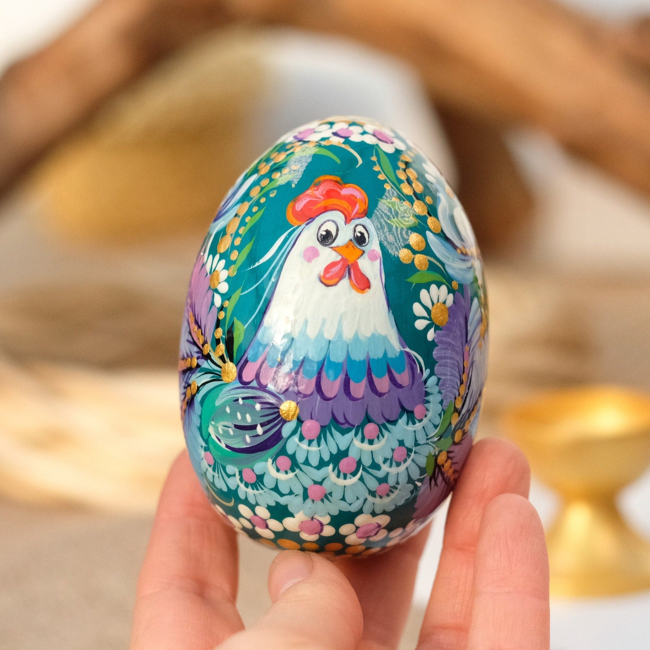 Wooden Ukrainian Goose-size Easter Egg with Painted Rooster