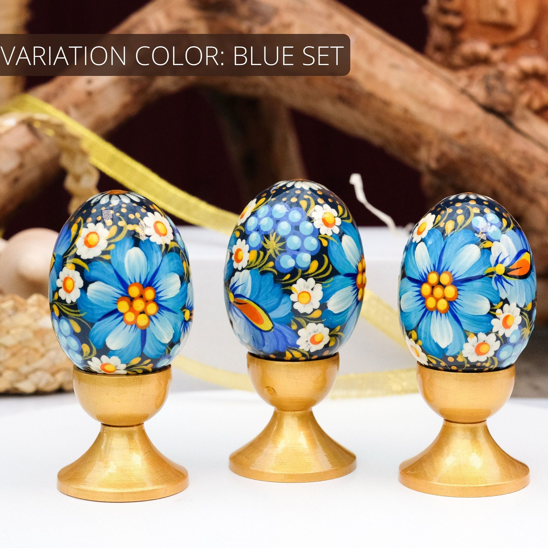 Set of 3 Wooden Flower Easter Eggs Hand-painted with Ukrainian Folk Art