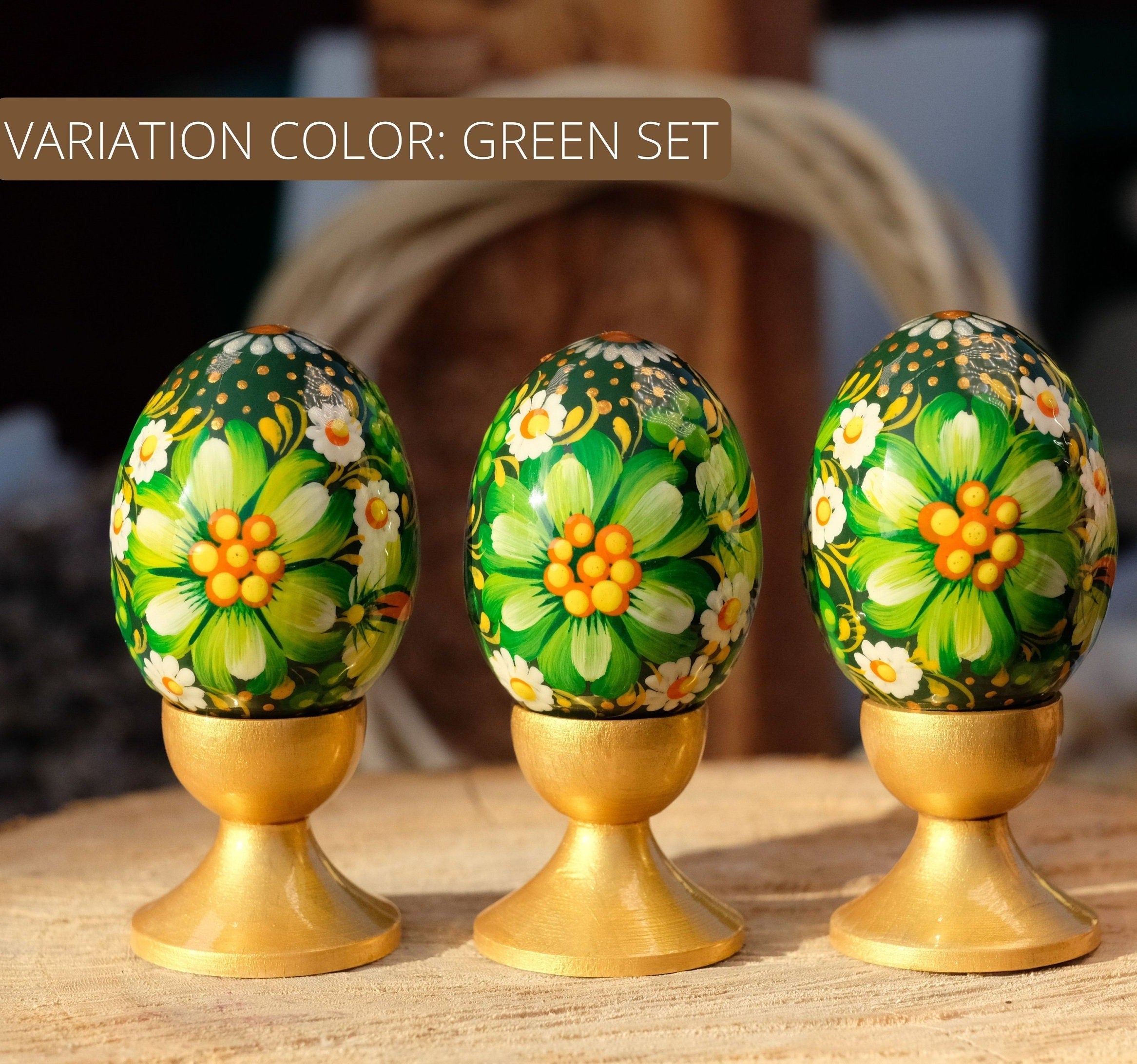 Set of 3 Wooden Flower Easter Eggs Hand-painted with Ukrainian Folk Art