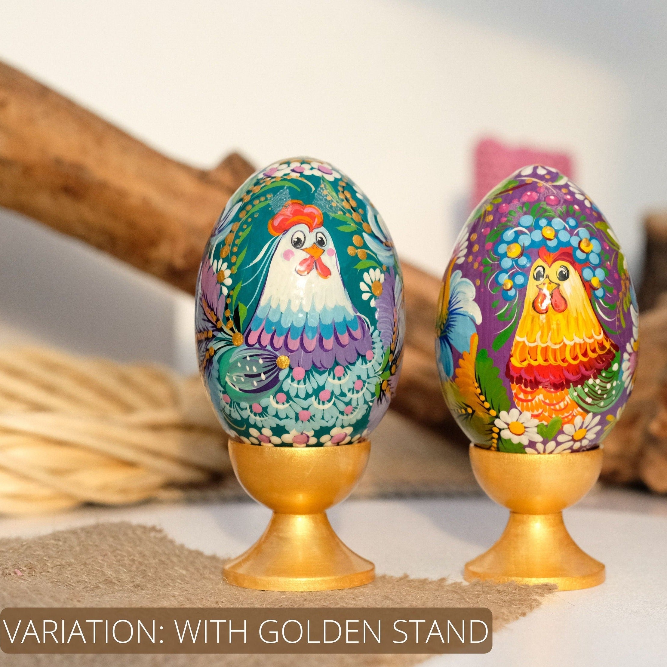 Wooden Ukrainian Goose-size Easter Egg with Painted Rooster