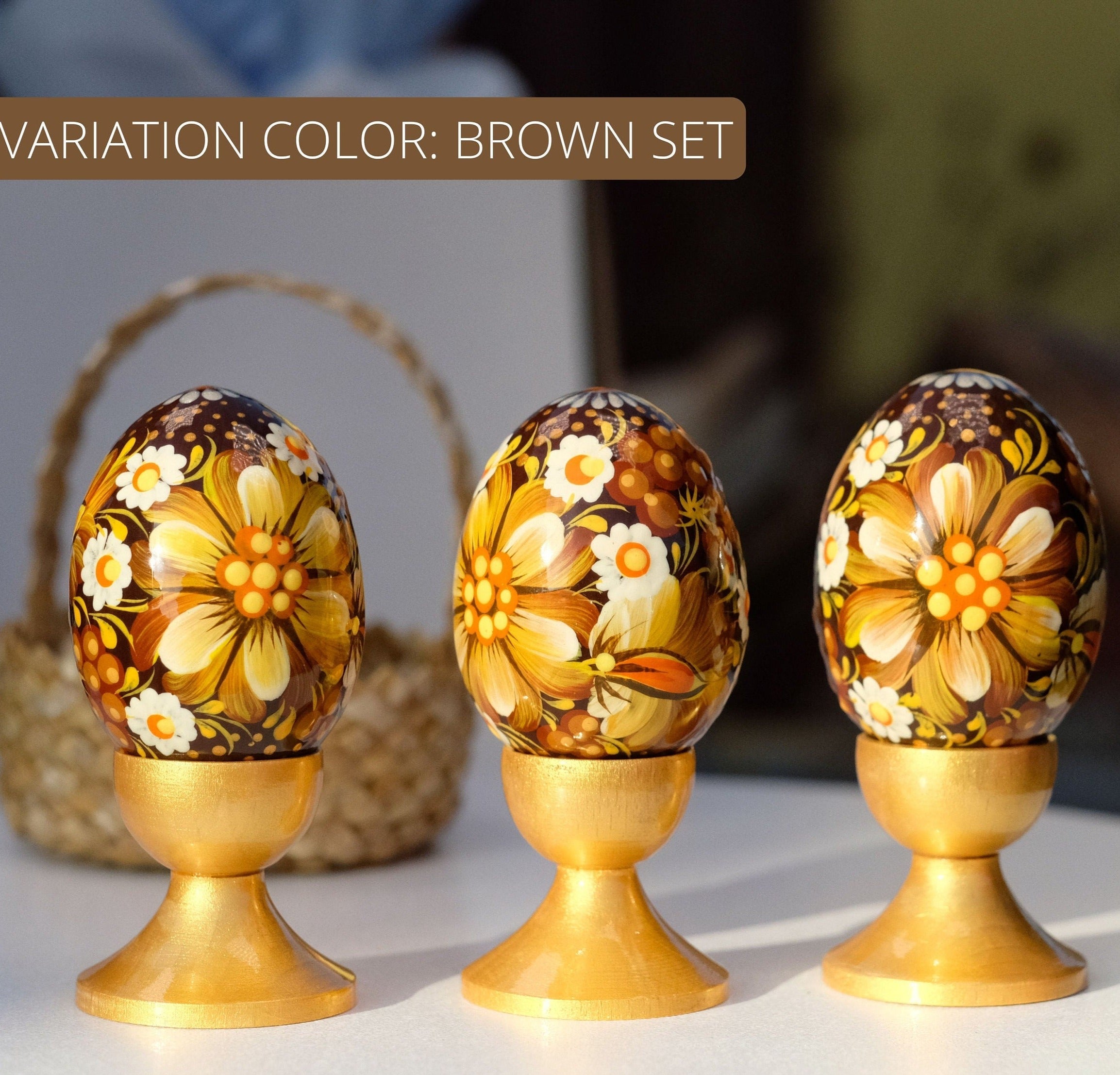 Set of 3 Wooden Flower Easter Eggs Hand-painted with Ukrainian Folk Art