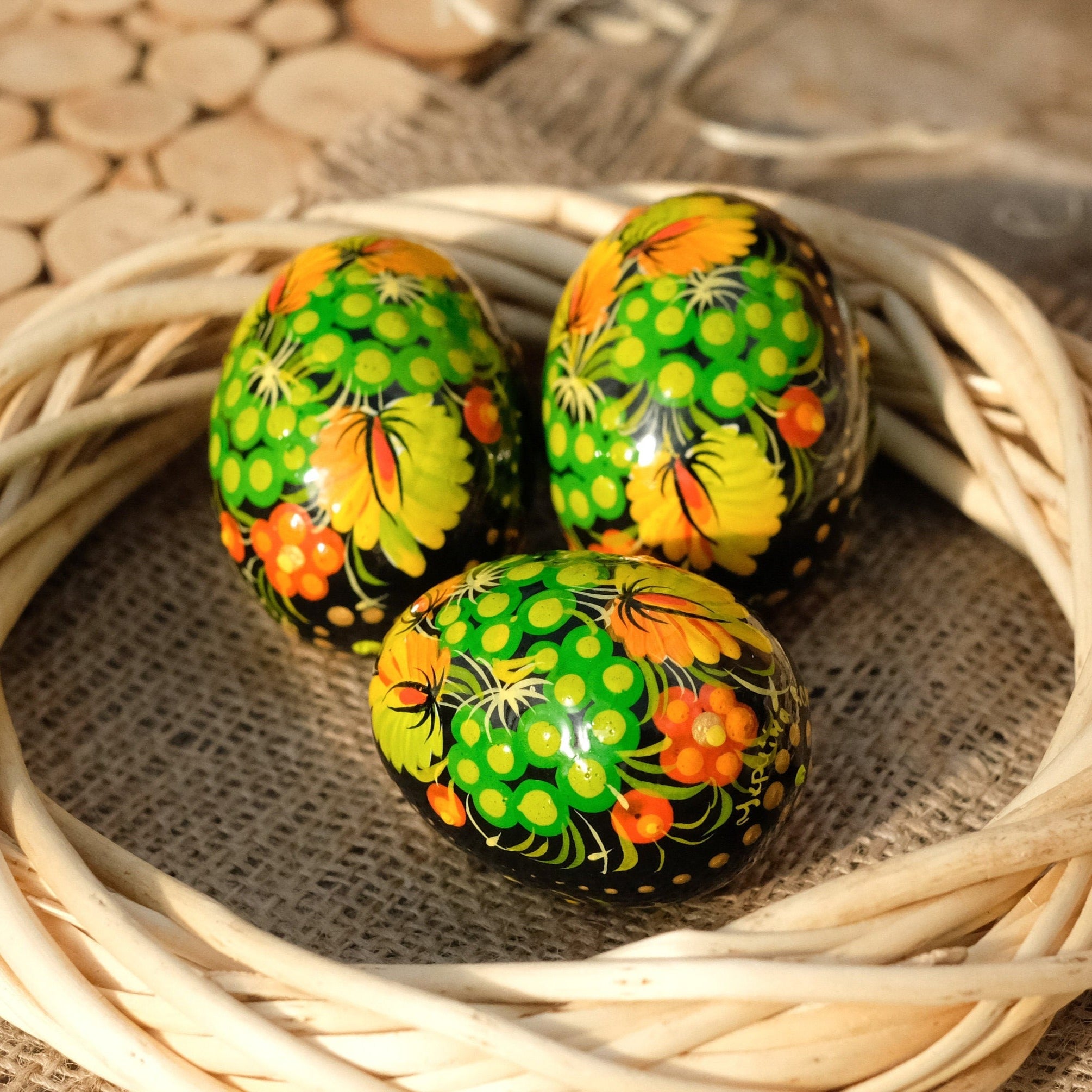 Ukrainian wooden Easter eggs painted with Traditional Petrykivka Art