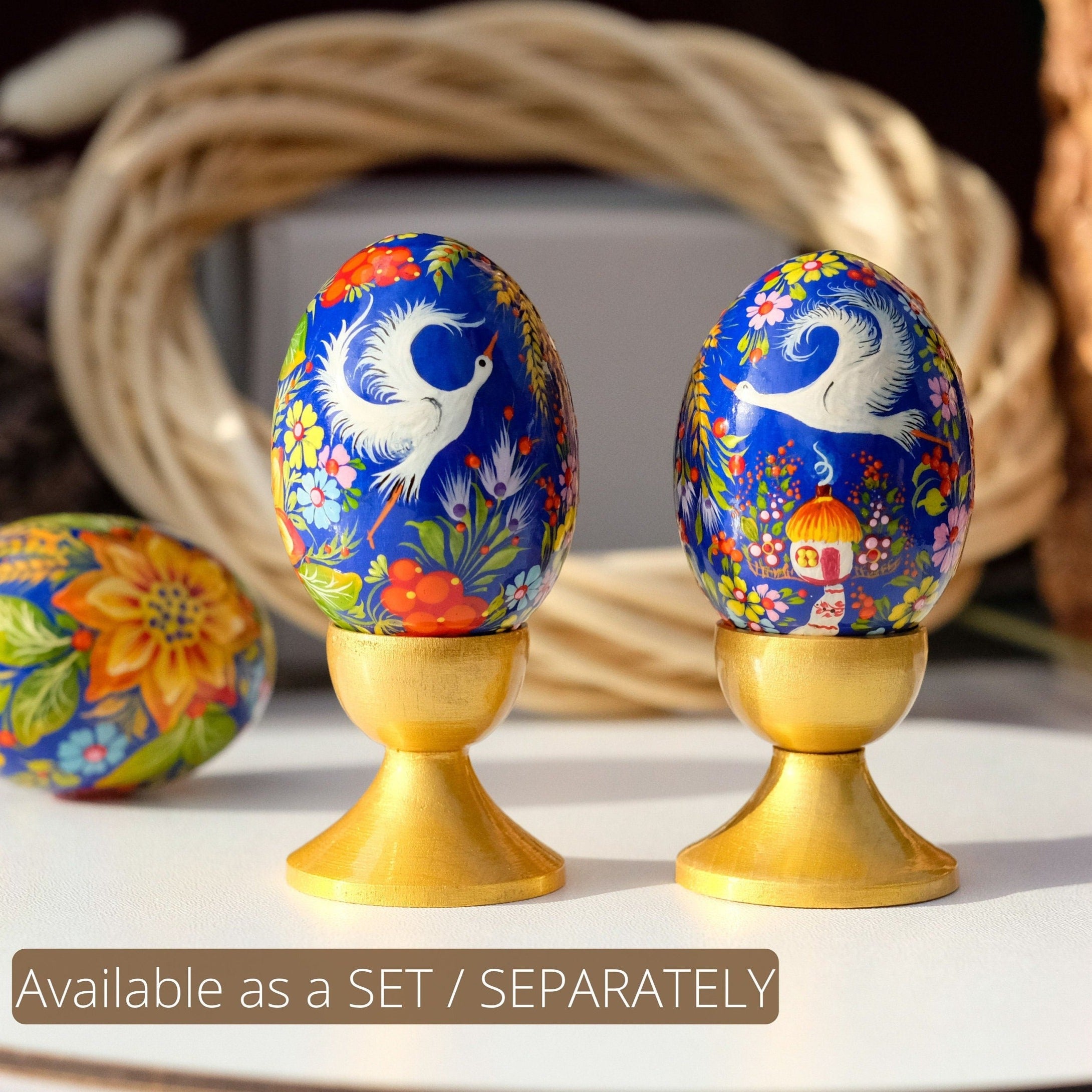 Ukrainian wooden Easter Egg with Painted Cranes and Rustic House