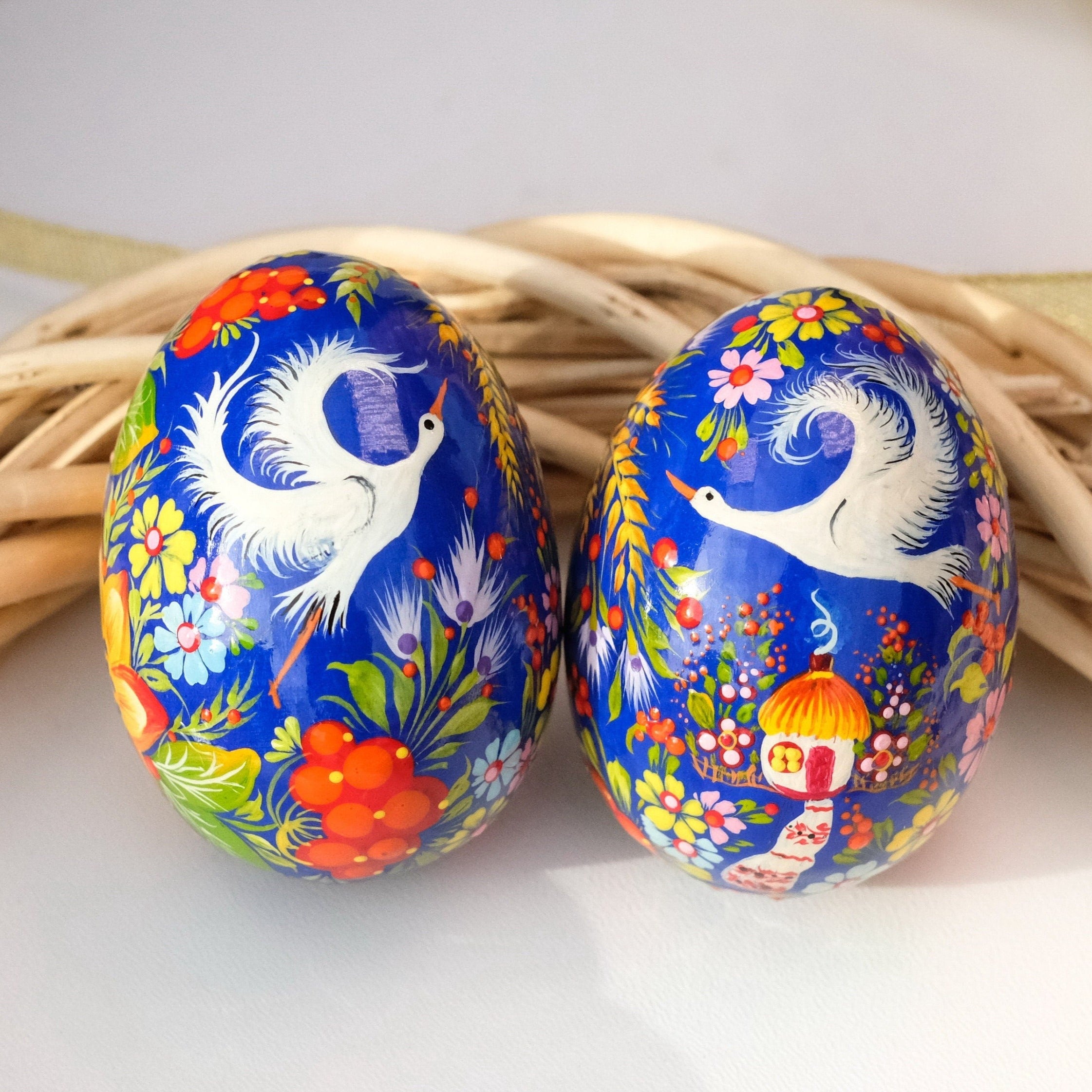 Ukrainian wooden Easter Egg with Painted Cranes and Rustic House