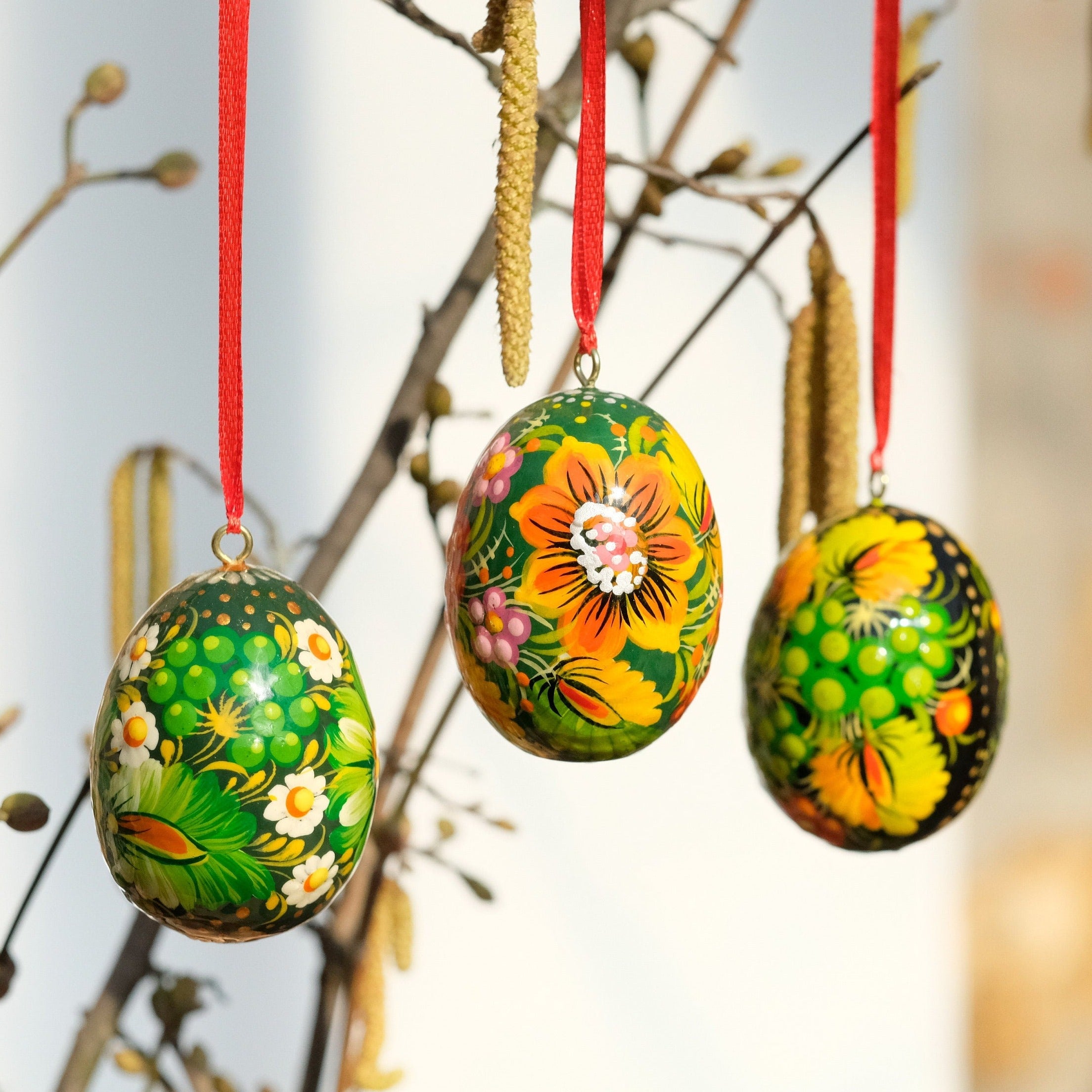 Ukrainian Easter Eggs Set 3pcs with Ribbons - Hand-painted & Carved from Wood