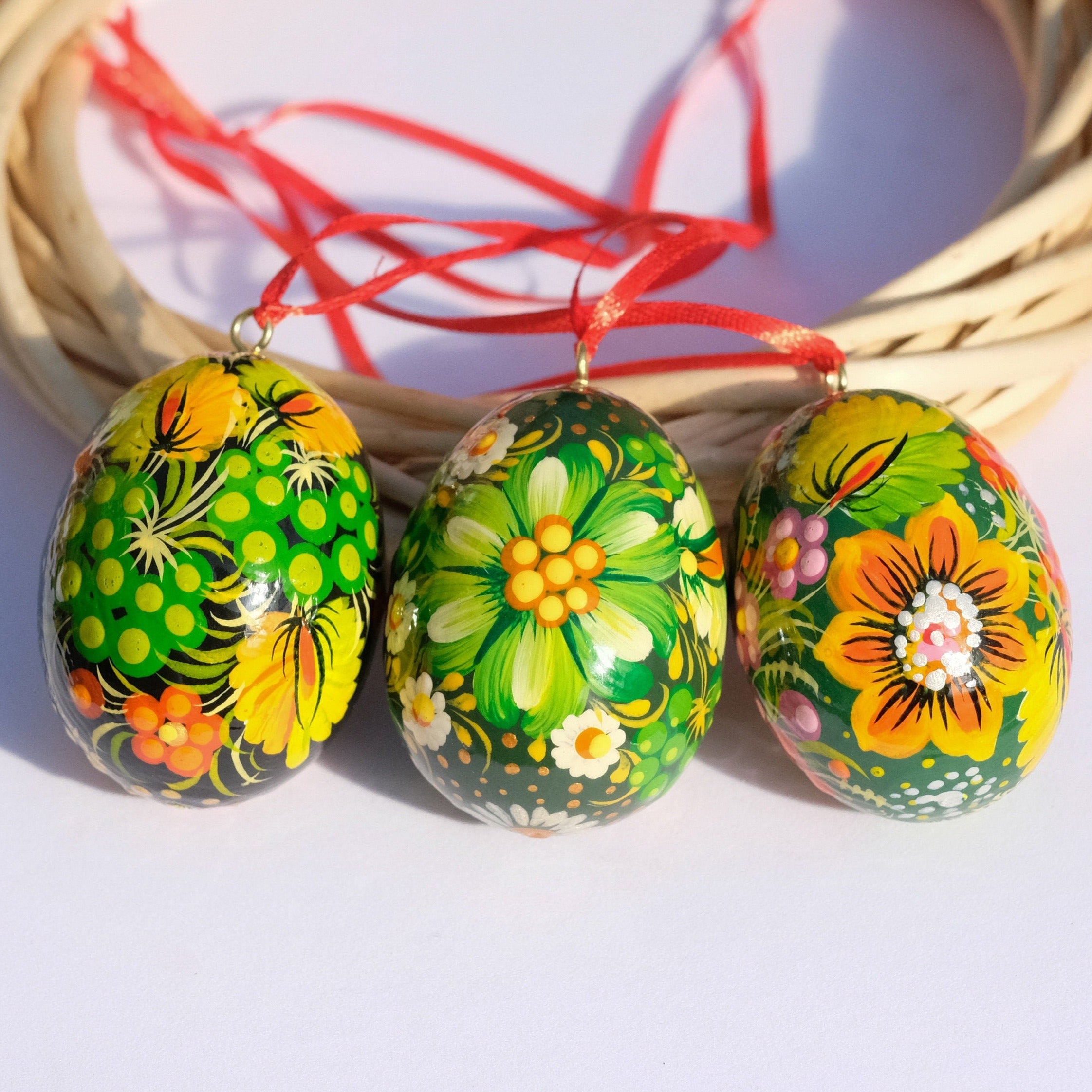 Ukrainian Easter Eggs Set 3pcs with Ribbons - Hand-painted & Carved from Wood