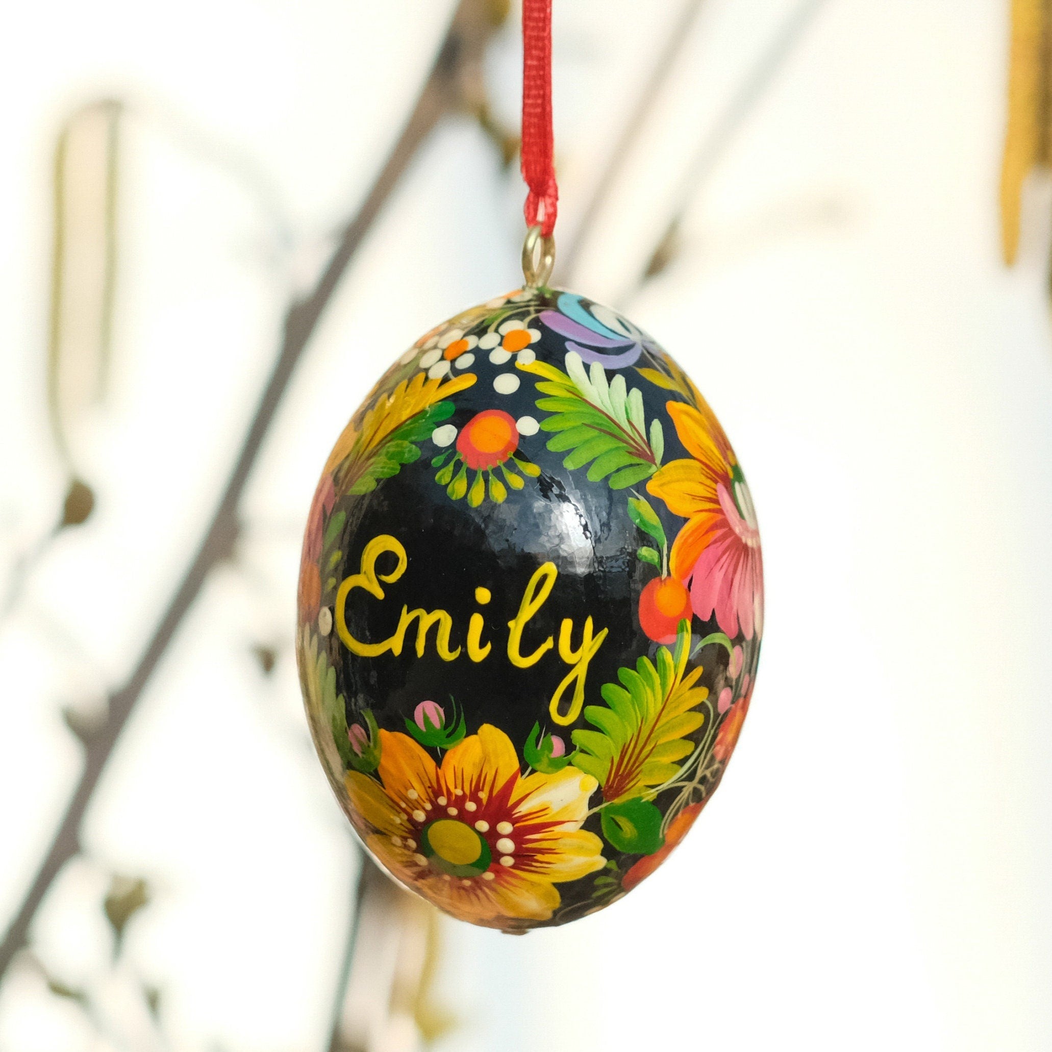 Personalized Hand-painted Wooden Ukrainian Pysanky Easter Egg with Ribbon