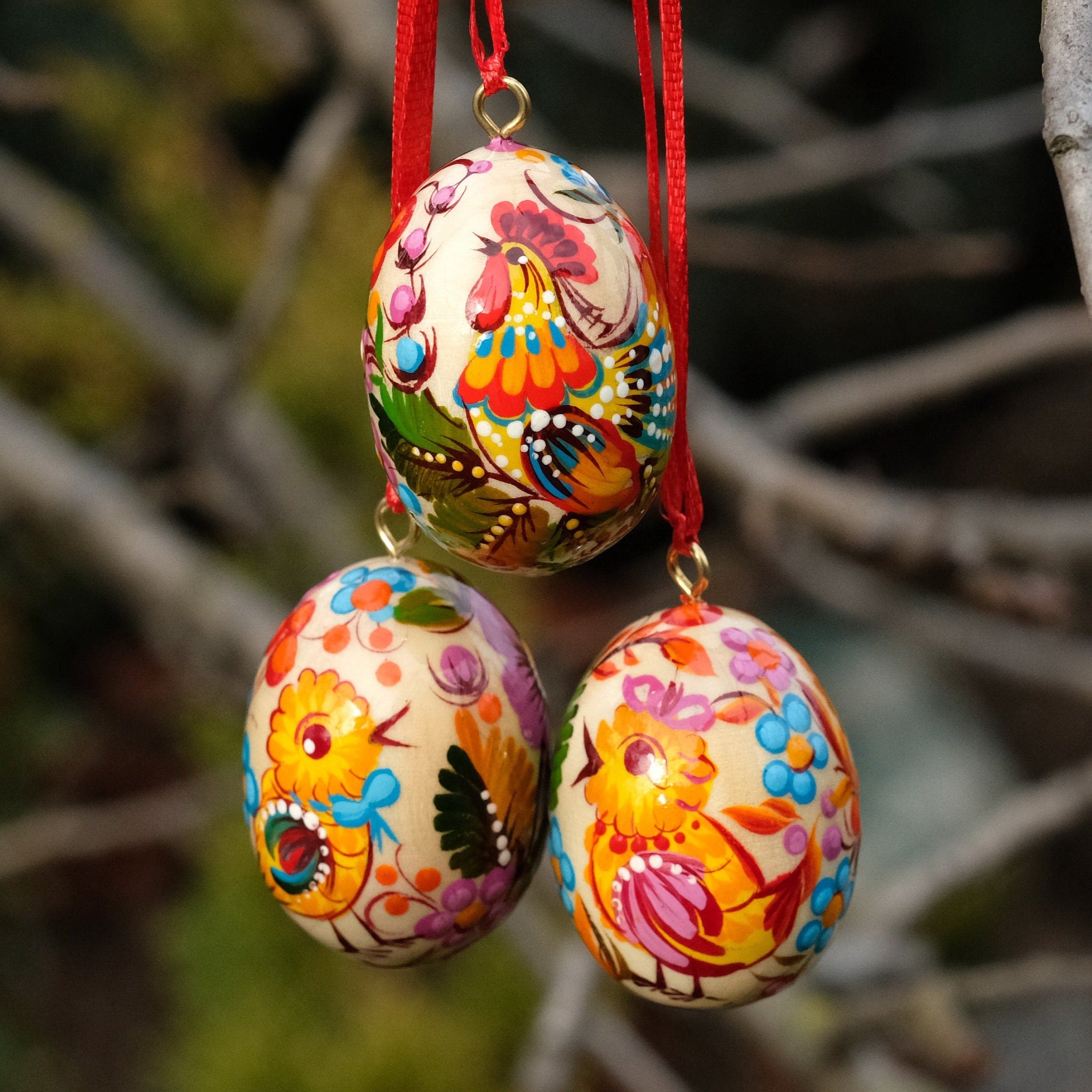 Set of 3 Mini wooden Easter eggs 2.9 in - Painted Ukrainian Pysanky Eggs