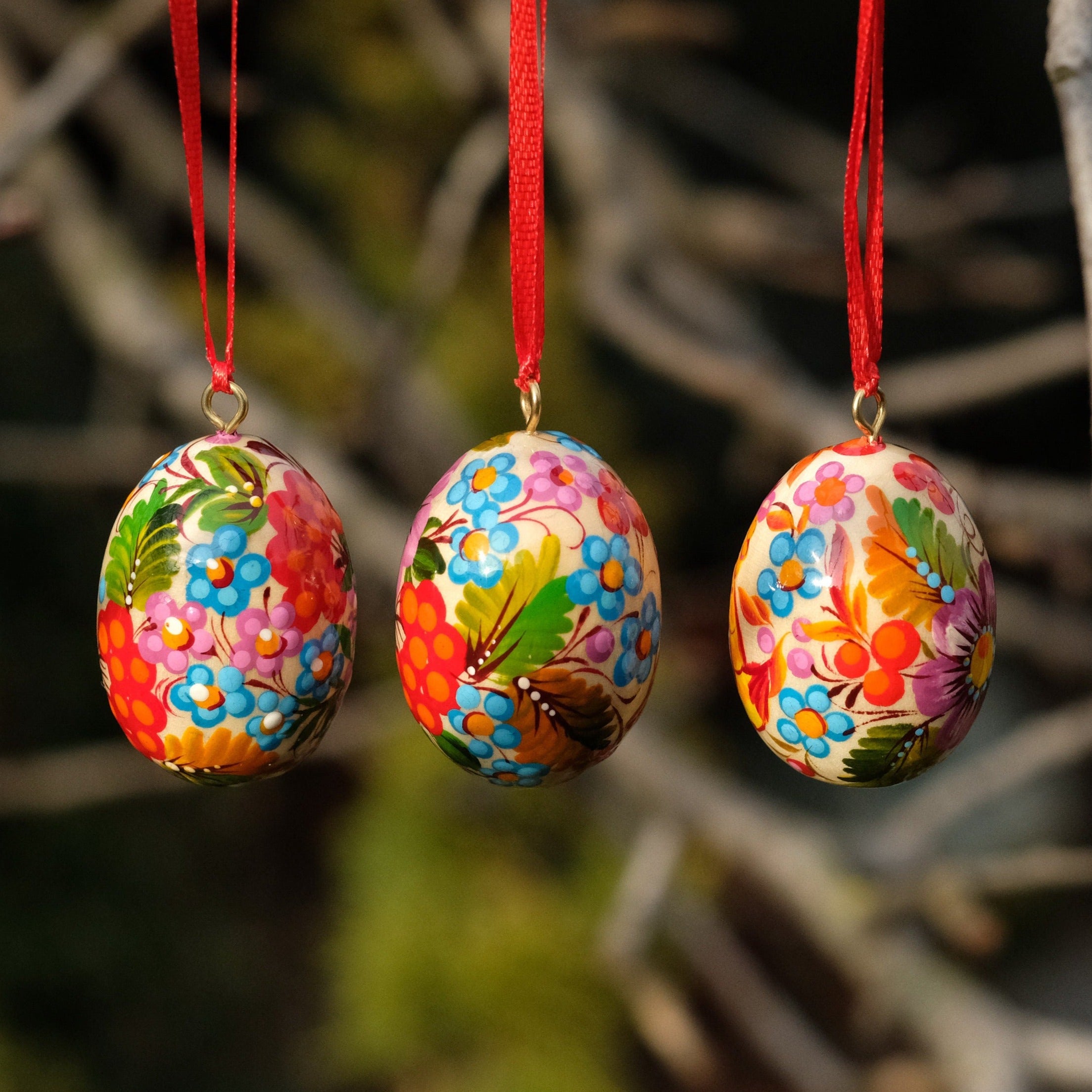 Set of 3 Mini wooden Easter eggs 2.9 in - Painted Ukrainian Pysanky Eggs