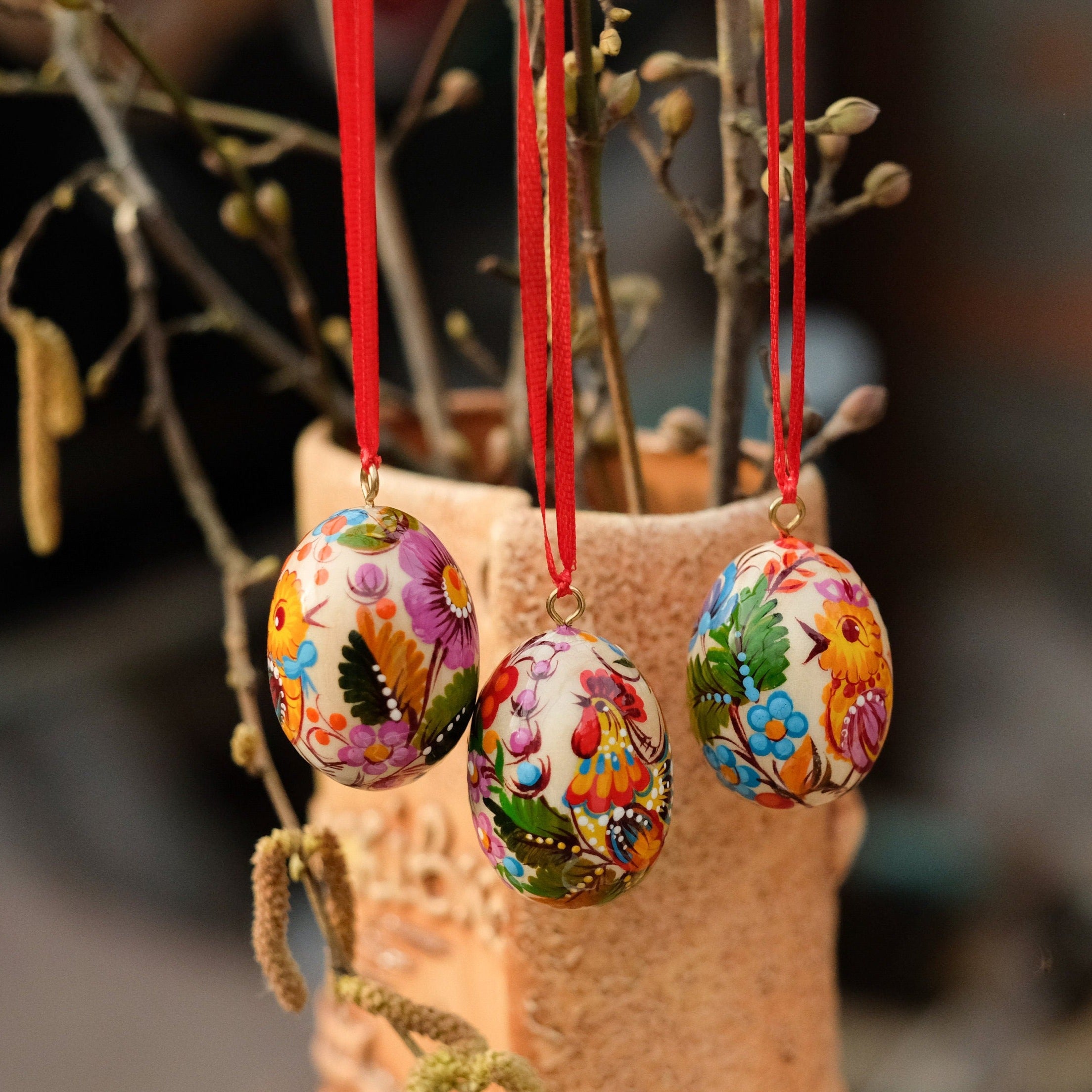 Set of 3 Mini wooden Easter eggs 2.9 in - Painted Ukrainian Pysanky Eggs