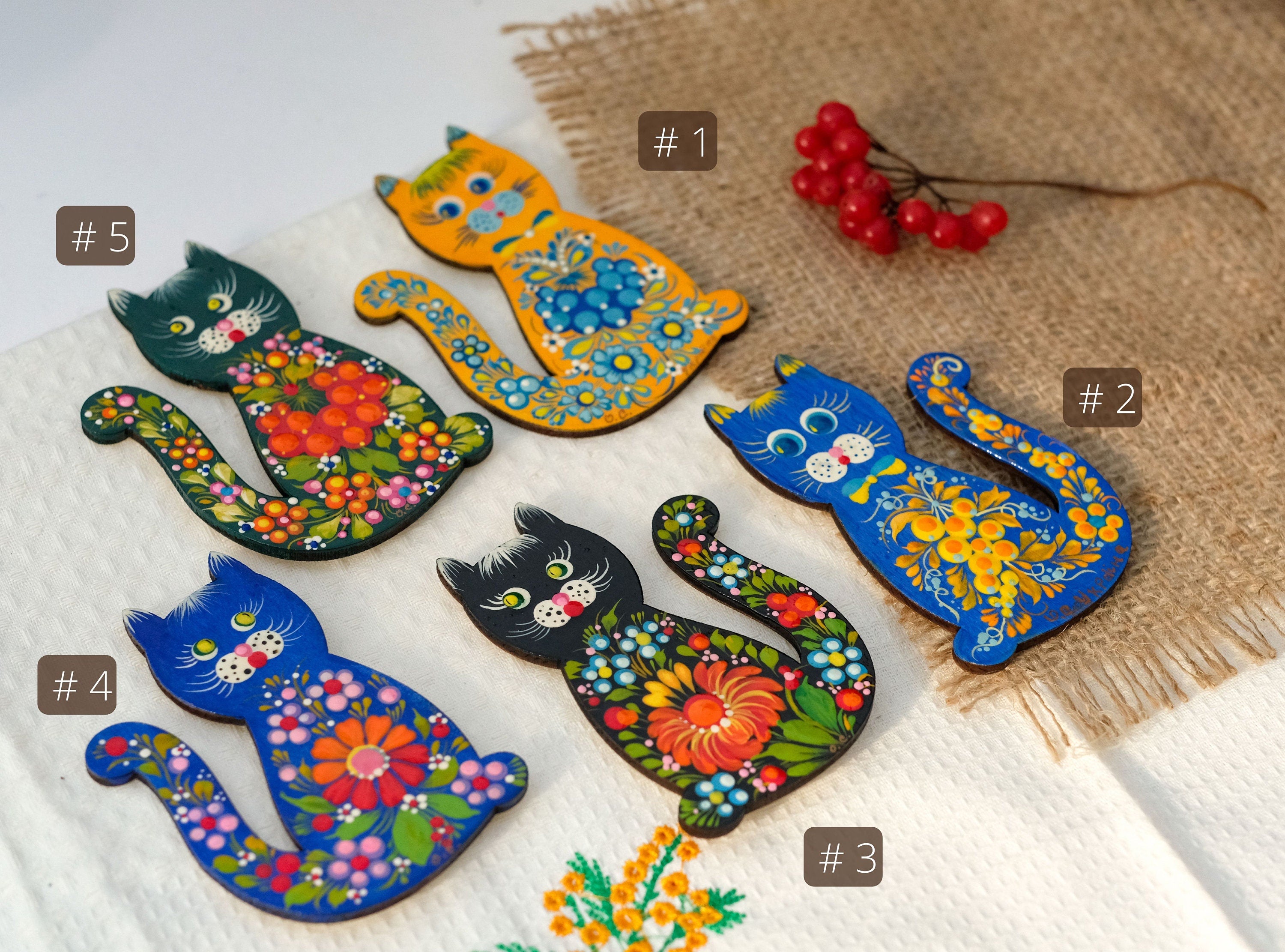 Painted Wooden Ukrainian Cat Fridge Magnet - Cute Animal Figure Locker Magnet