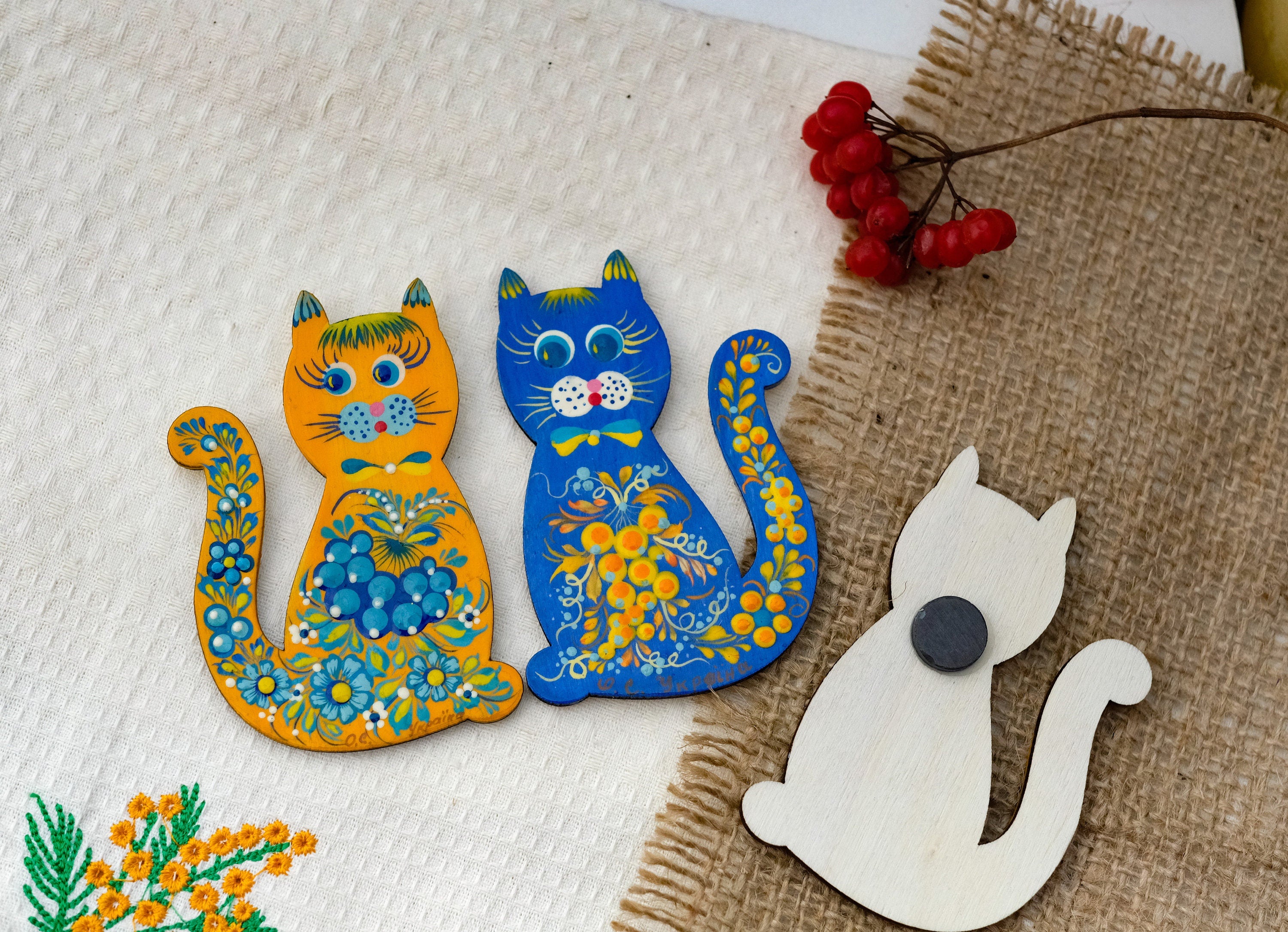 Painted Wooden Ukrainian Cat Fridge Magnet - Cute Animal Figure Locker Magnet