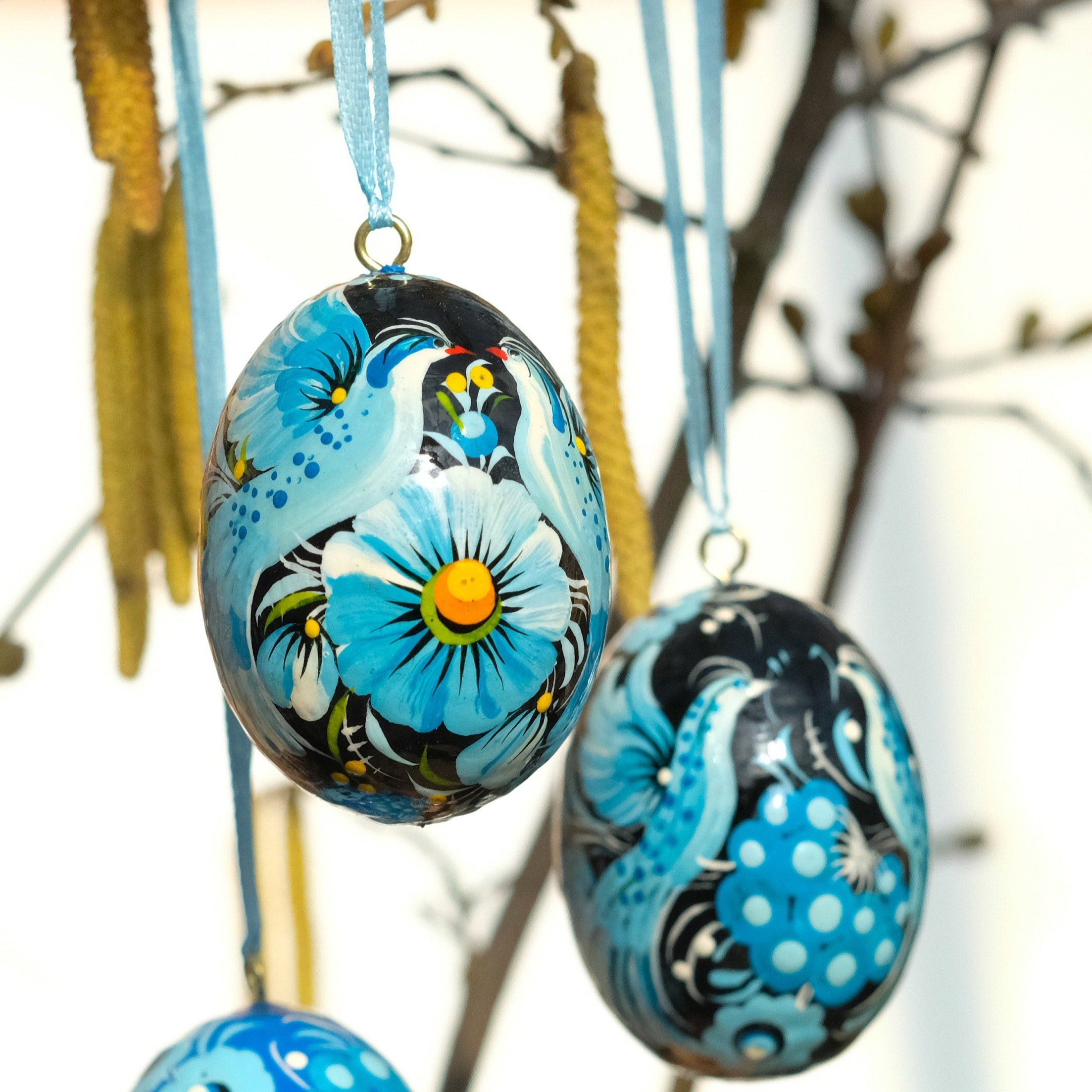 Ukrainian Easter Eggs Set 3pcs with Ribbons - Hand-painted & Carved from Wood