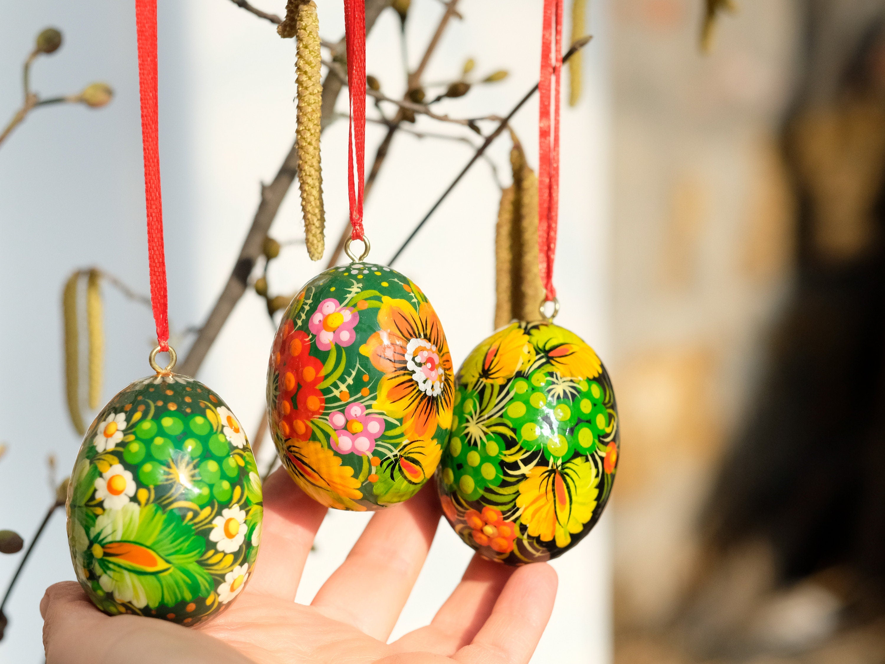 Ukrainian Easter Eggs Set 3pcs with Ribbons - Hand-painted & Carved from Wood