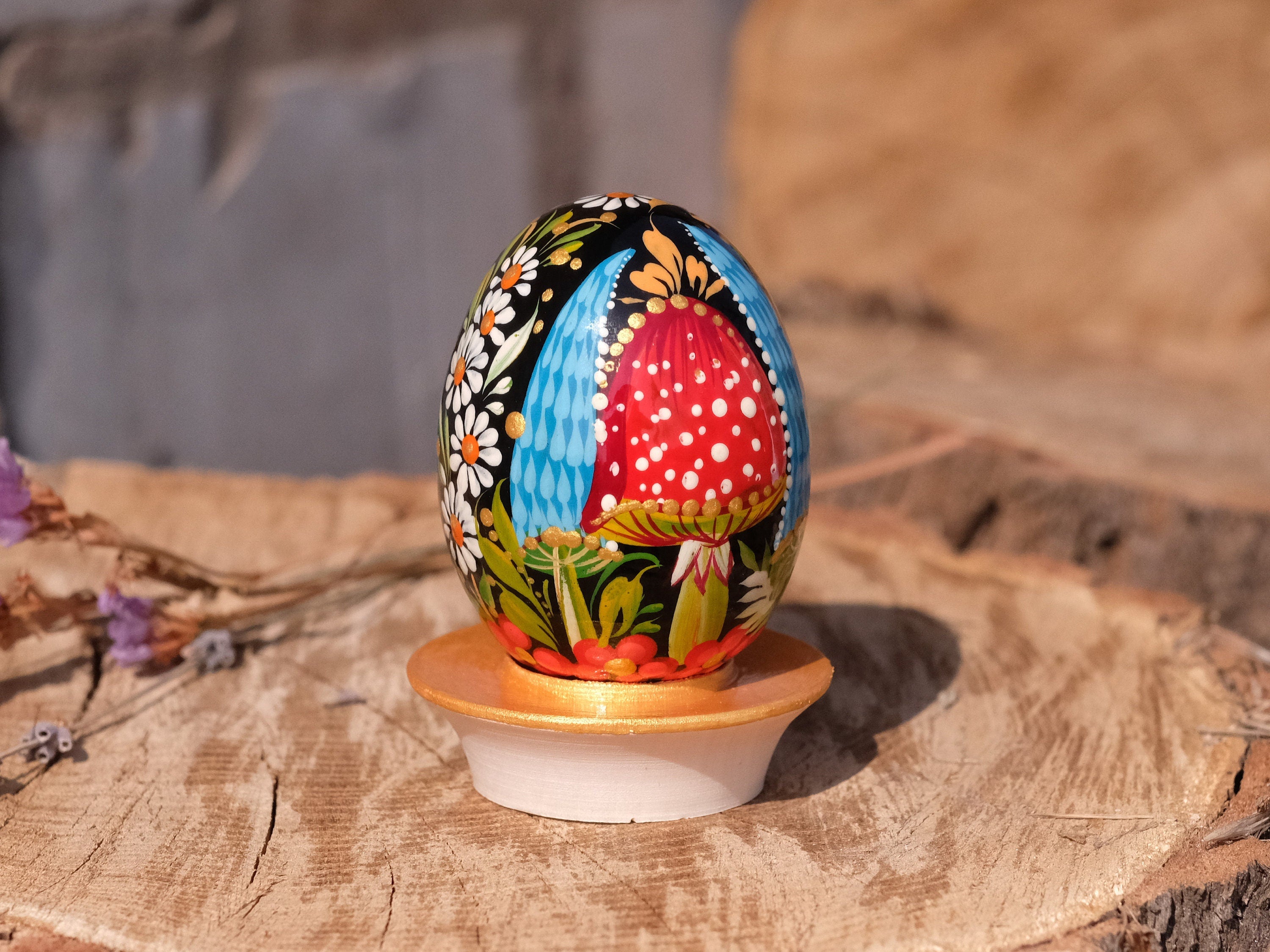 Painted Wooden Mushroom Easter Egg - Ukrainian Pysanky Egg