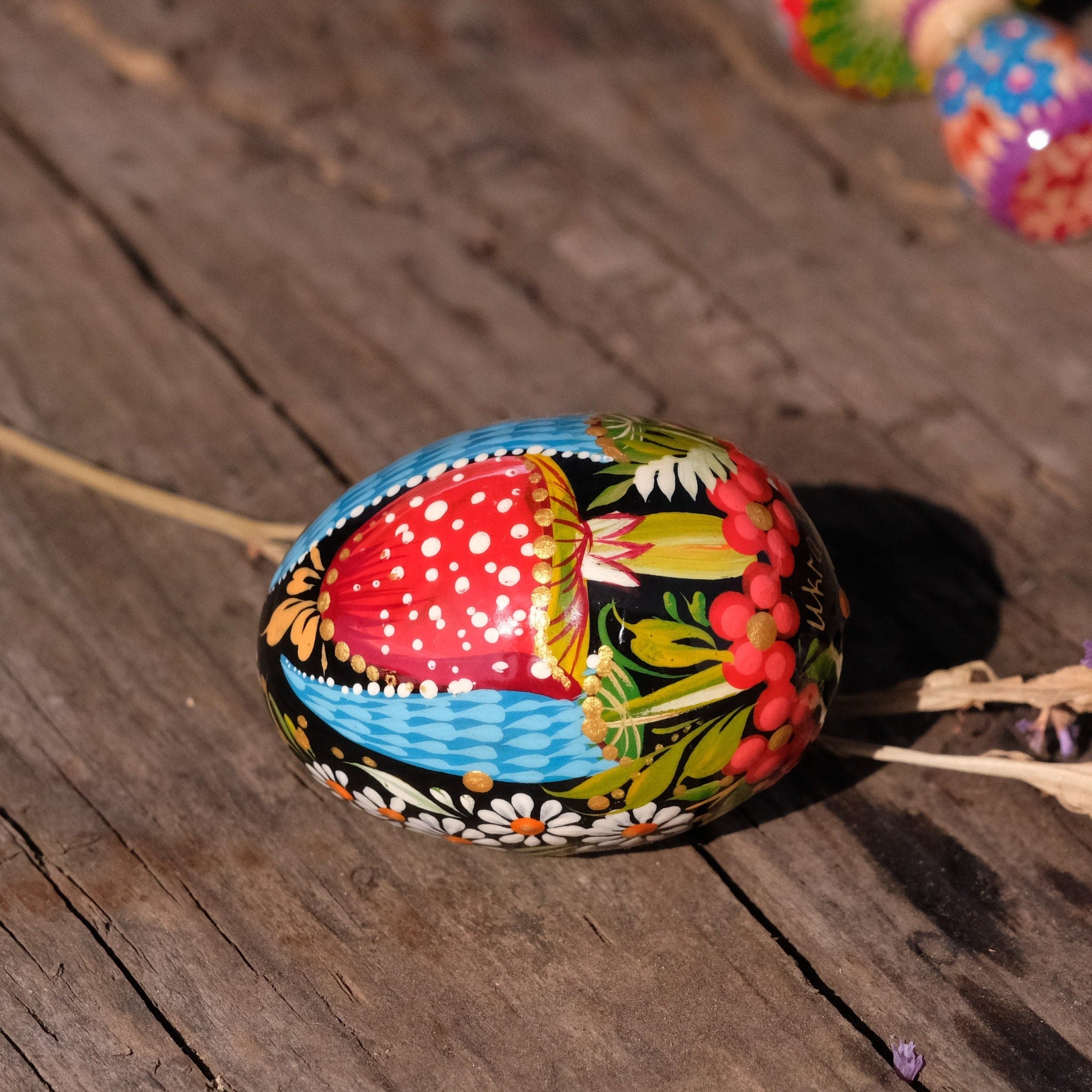 Painted Wooden Mushroom Easter Egg - Ukrainian Pysanky Egg