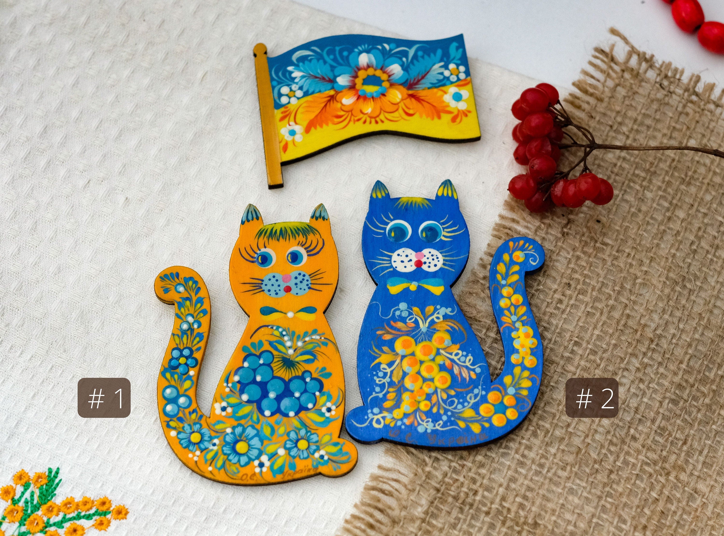 Painted Wooden Ukrainian Cat Fridge Magnet - Cute Animal Figure Locker Magnet