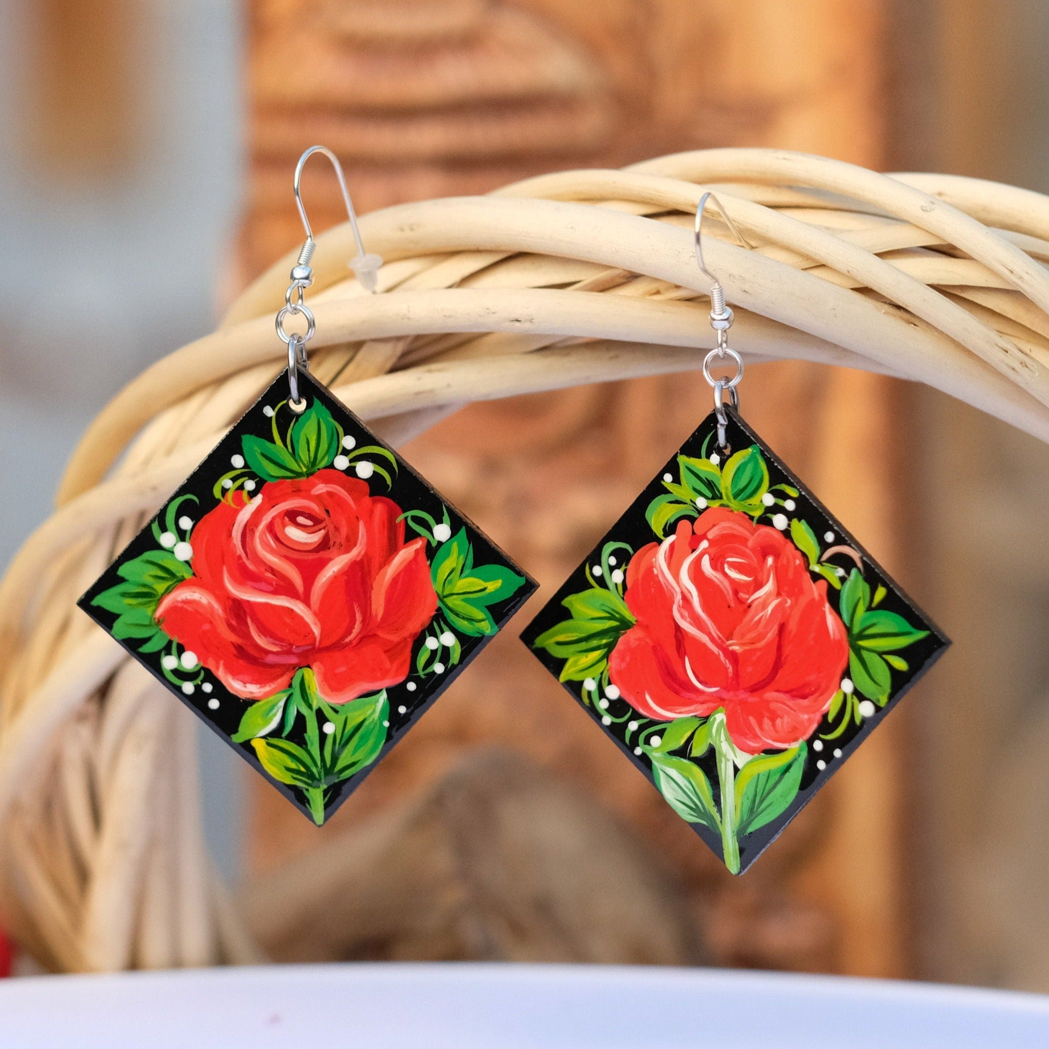 Hypoallergenic Wooden Painted Roses Earrings - Hypoallergenic & Lightweight