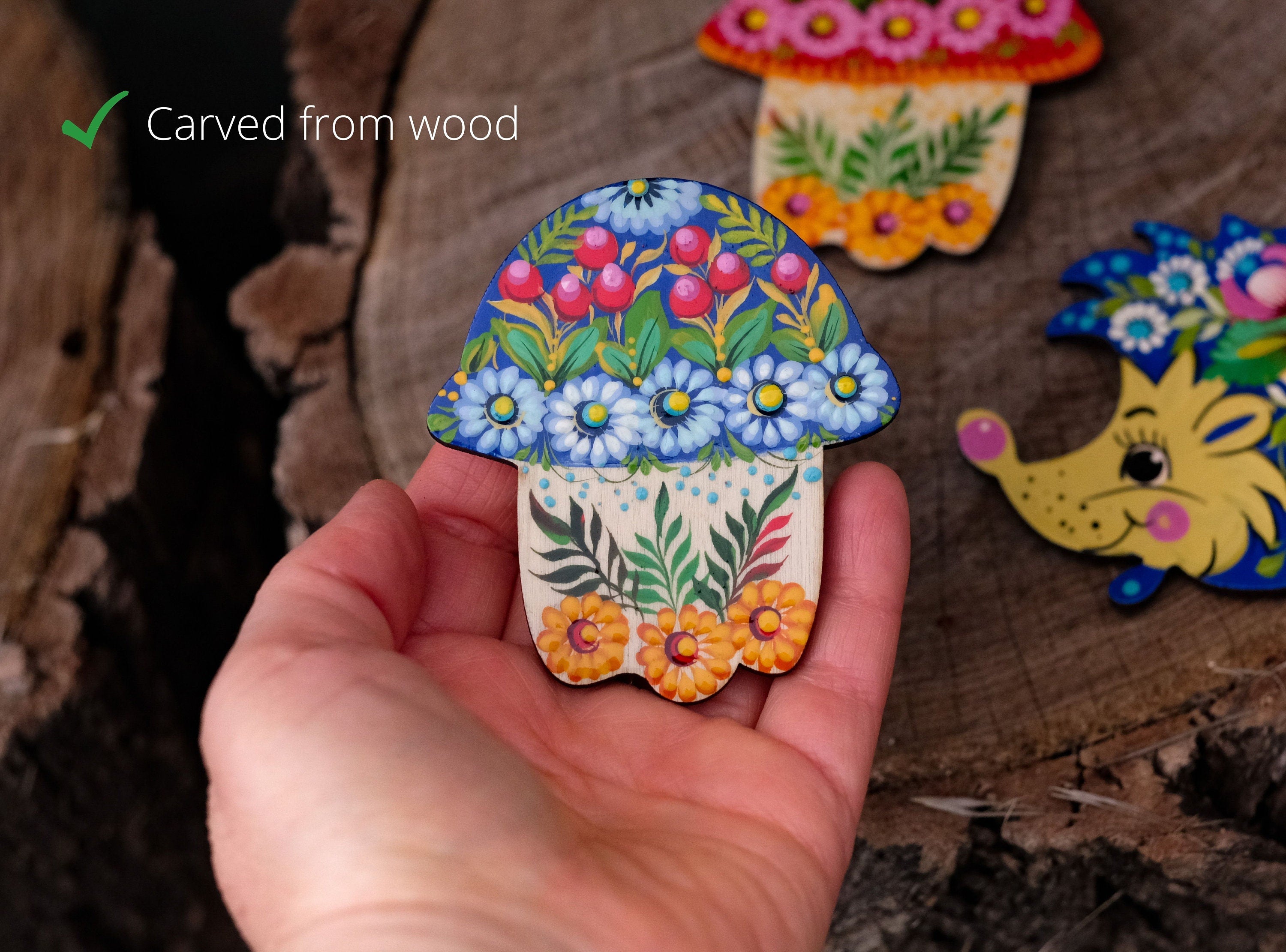 Painted Wooden Mushroom & Hedgehog Fridge Magnets - Petrykivka Art Decoratie Kitchen Magnets