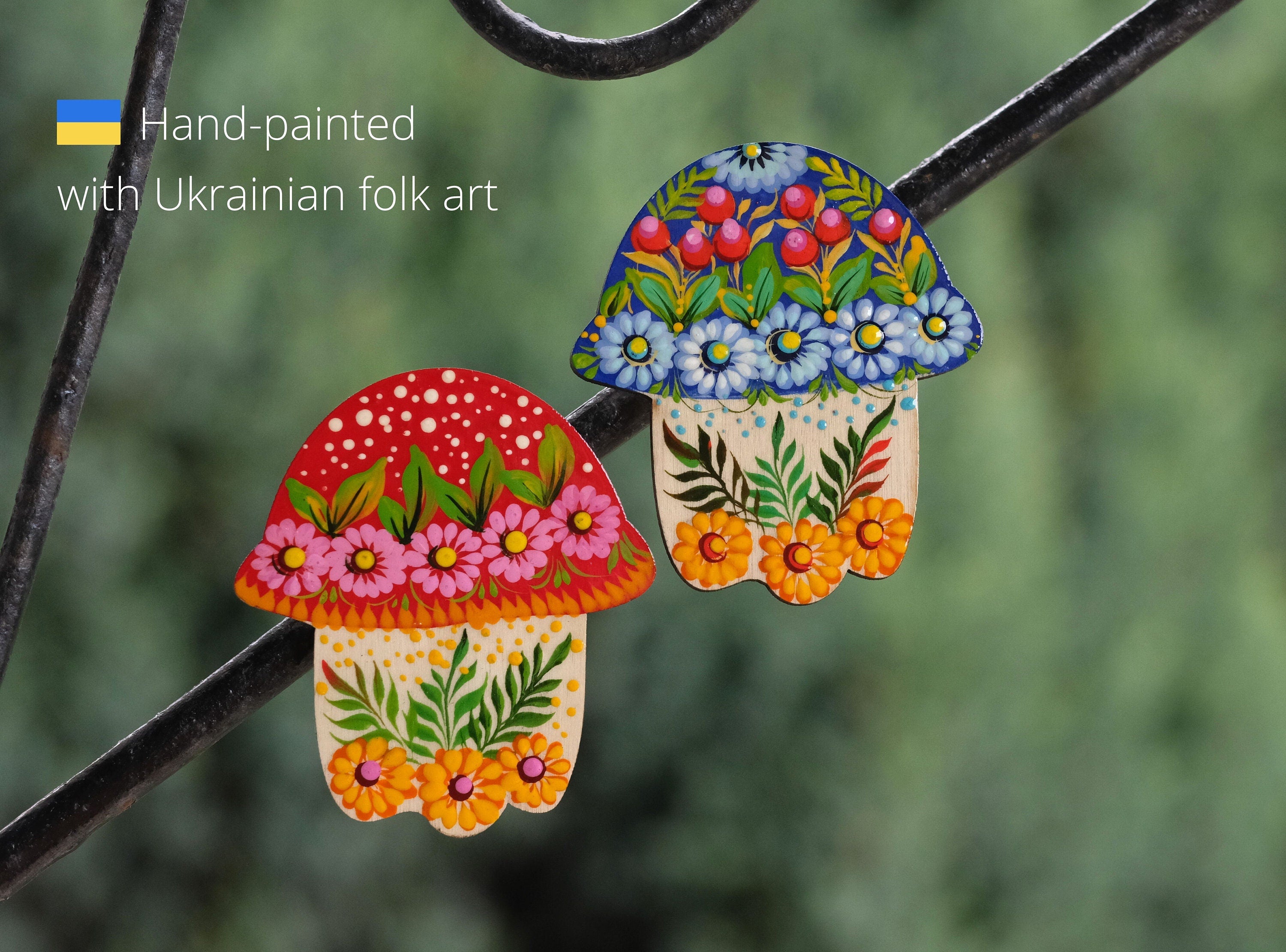 Painted Wooden Mushroom & Hedgehog Fridge Magnets - Petrykivka Art Decoratie Kitchen Magnets