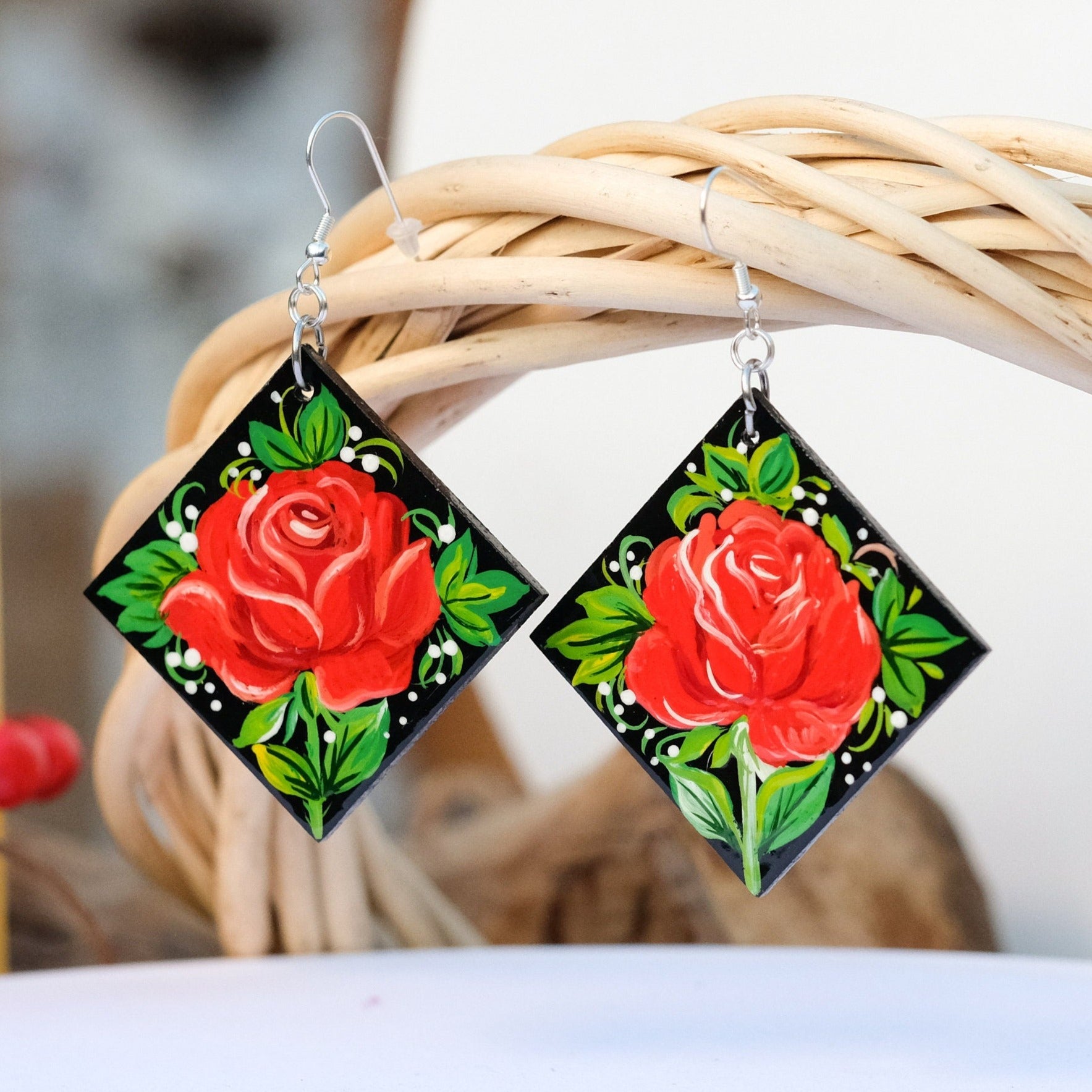 Hypoallergenic Wooden Painted Roses Earrings - Hypoallergenic & Lightweight