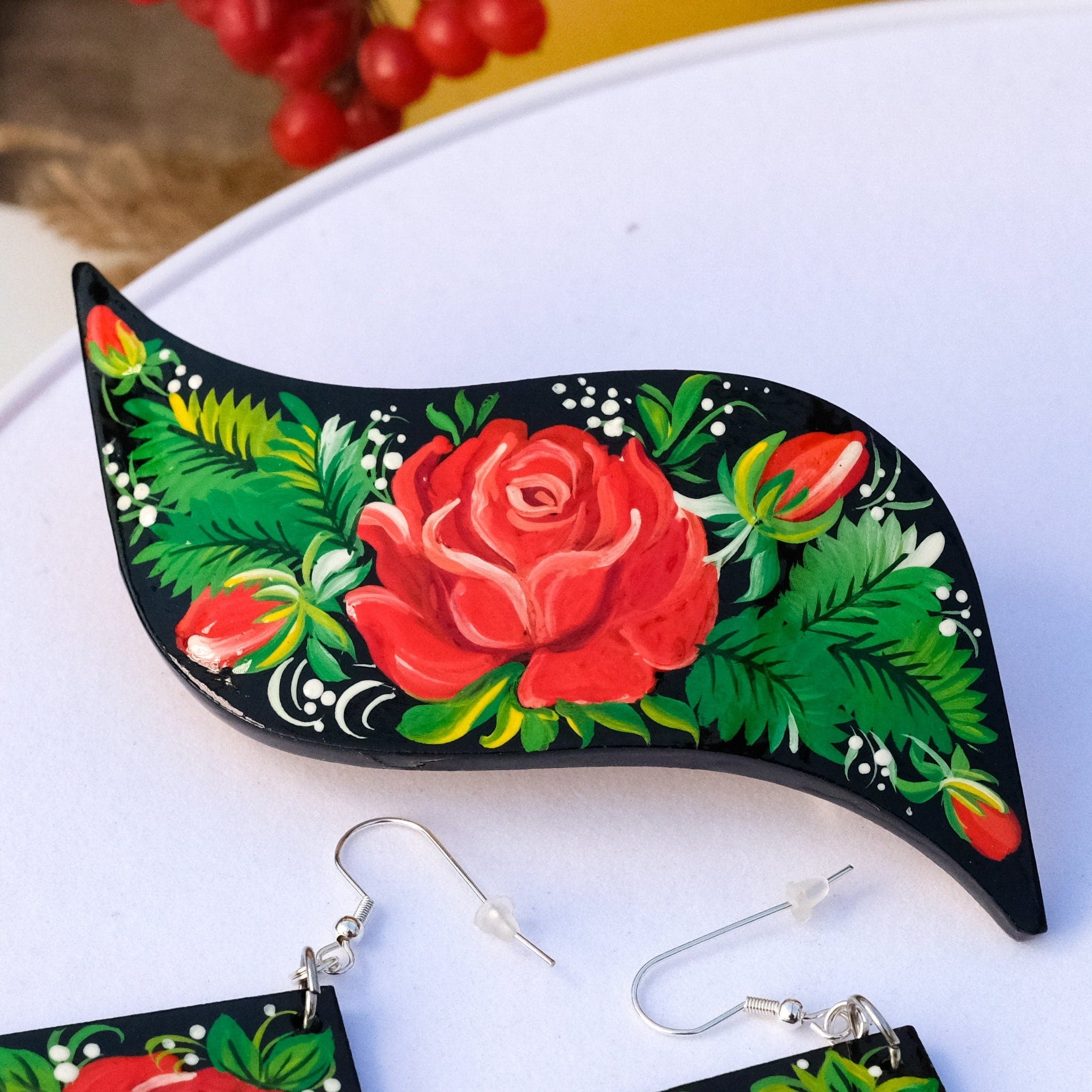 Hand-painted Wooden Hair Barrette with Roses - Artisanal Petrykivka Art Red Flower French Hair Clip