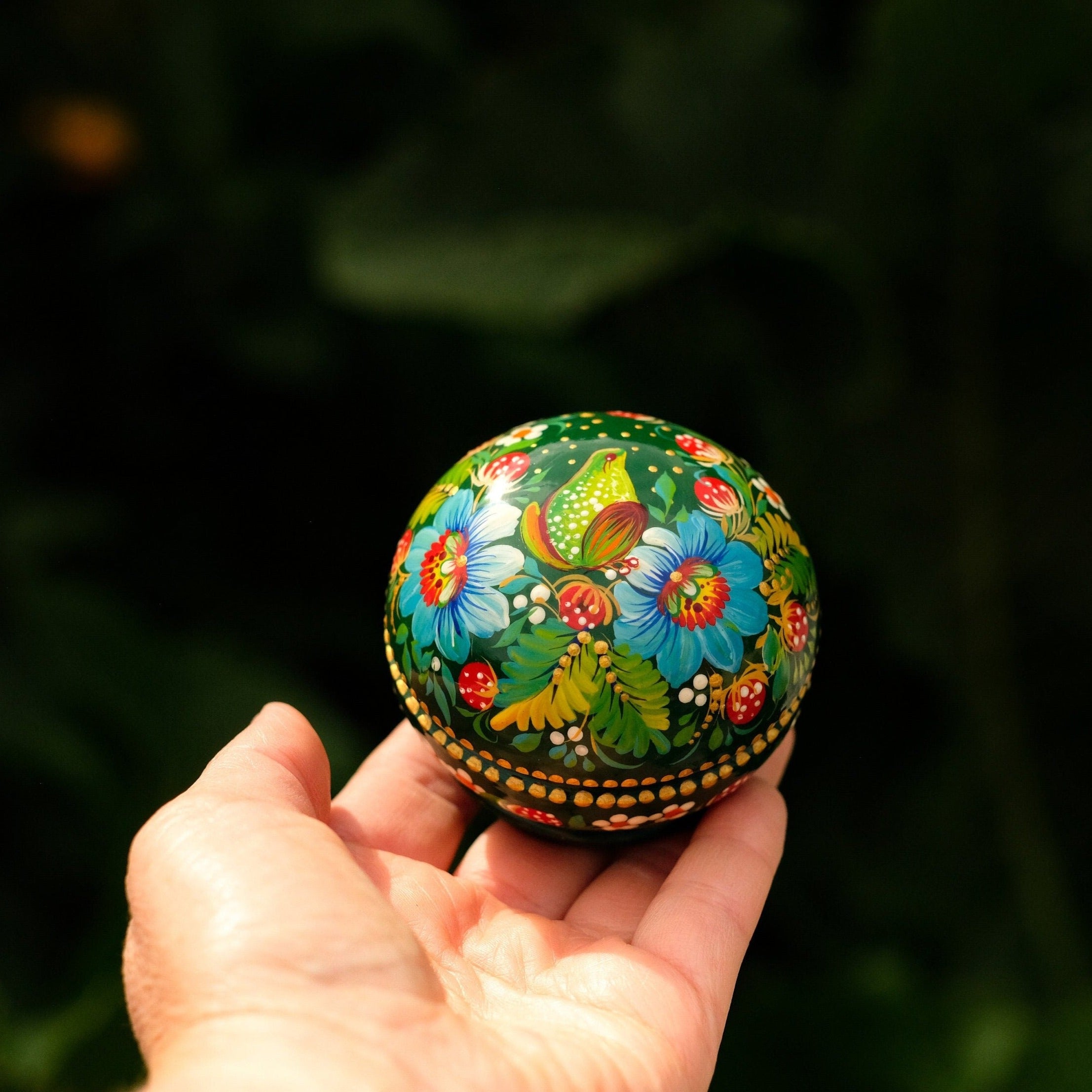 Painted Frog Wooden Jewelry Box 2.75 in - Small Earrings Box with Green Flowers Handmade in Ukraine with Petrykivka Art