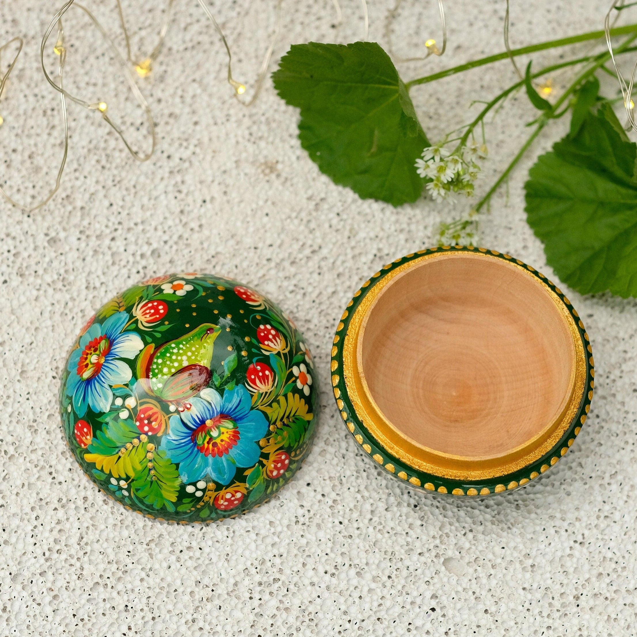 Painted Frog Wooden Jewelry Box 2.75 in - Small Earrings Box with Green Flowers Handmade in Ukraine with Petrykivka Art