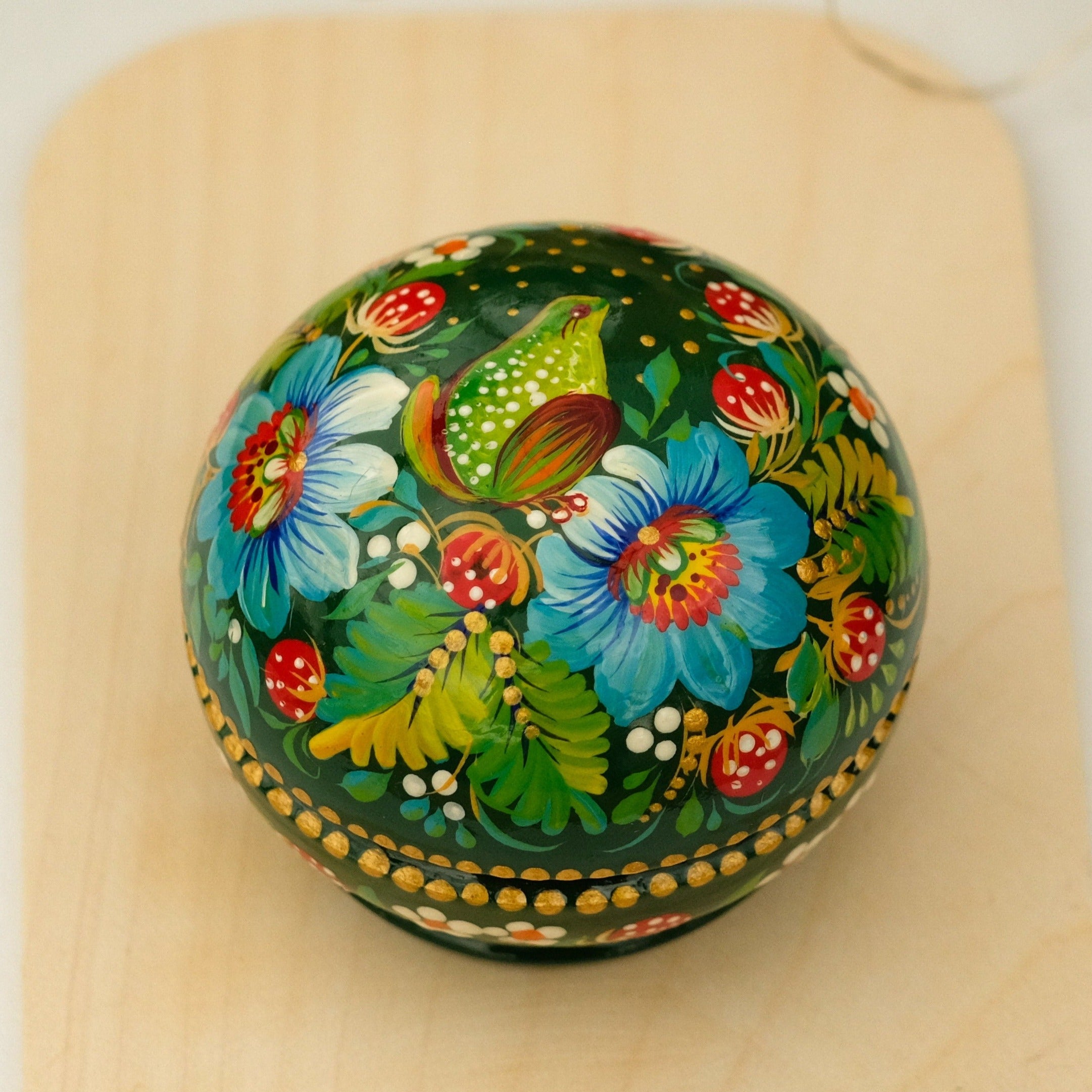 Painted Frog Wooden Jewelry Box 2.75 in - Small Earrings Box with Green Flowers Handmade in Ukraine with Petrykivka Art