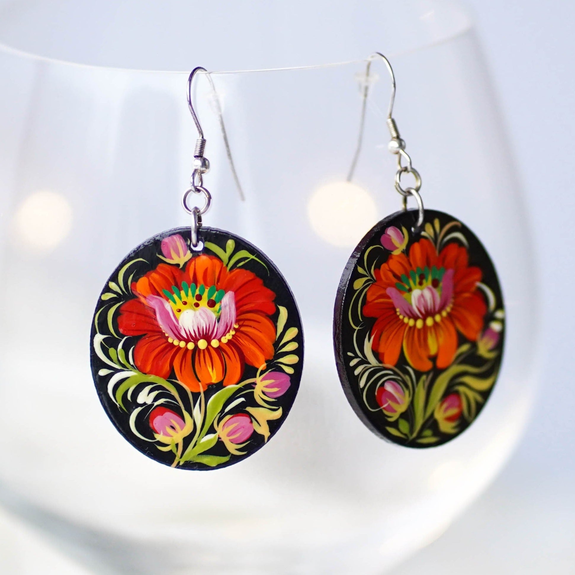 Hypoallergenic Painted Wooden Dangle Drop Earrings - Oval Orange Flower Earrings, Petrykivka Art