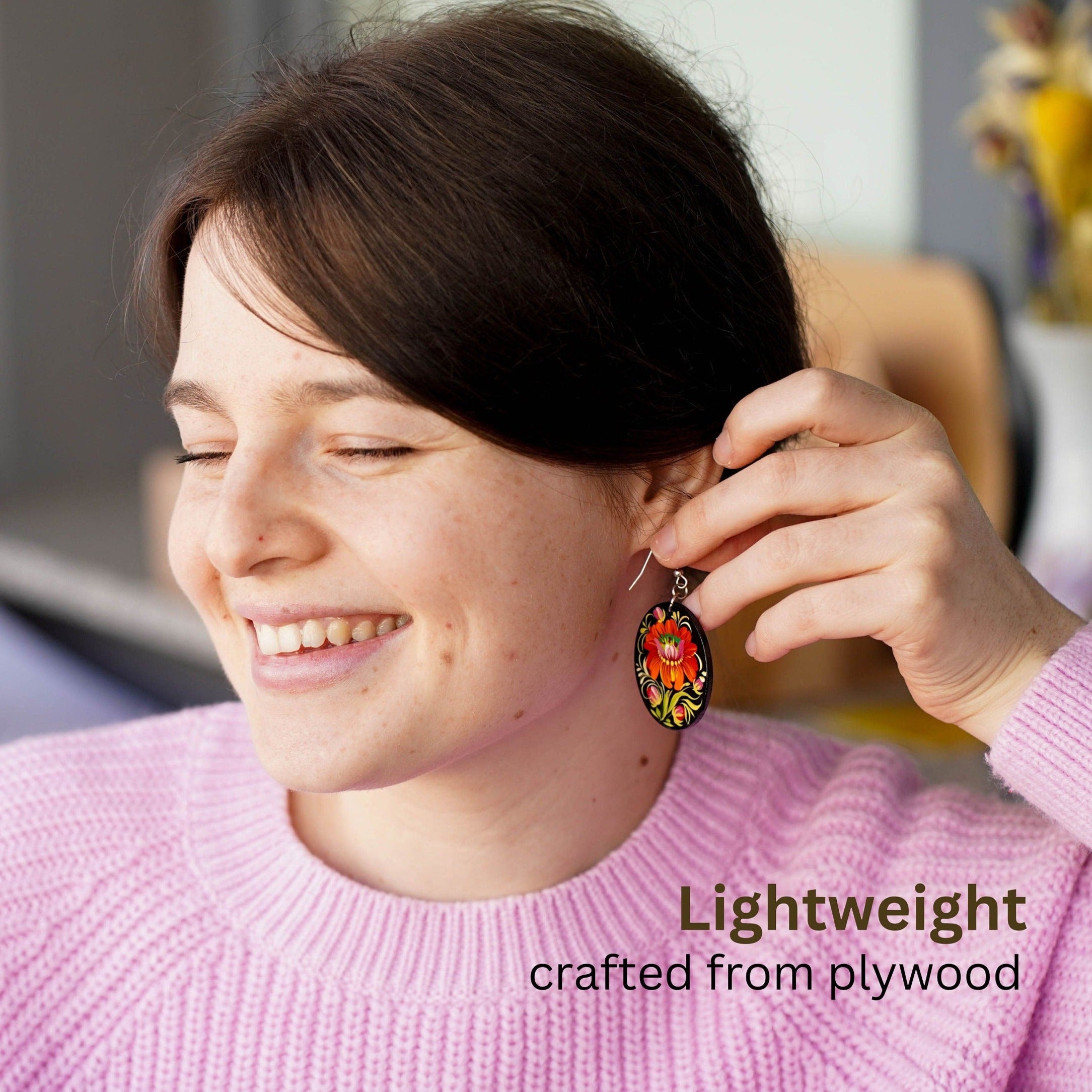 Hypoallergenic Painted Wooden Dangle Drop Earrings - Oval Orange Flower Earrings, Petrykivka Art